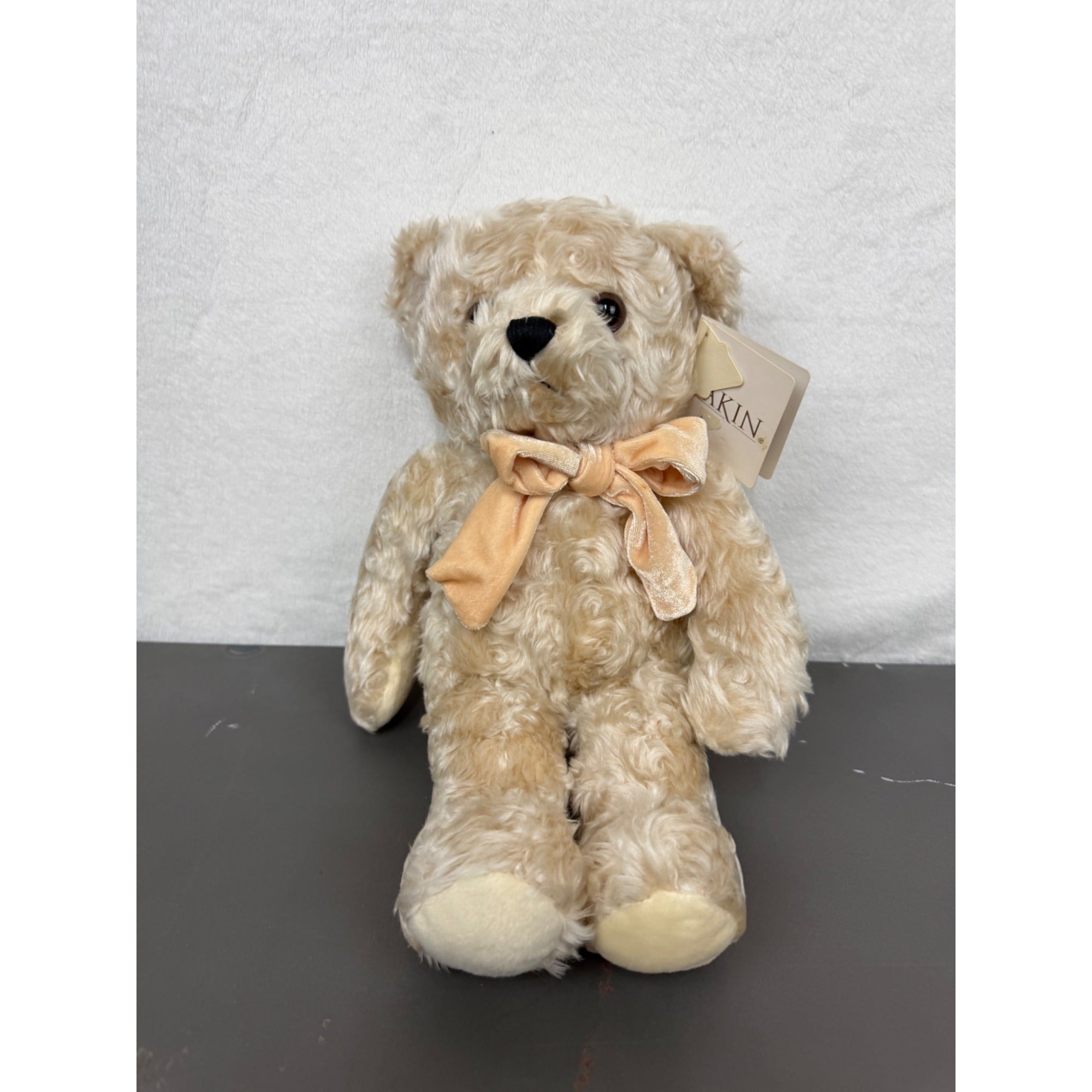 Dakin Shannon Beige Plush Teddy Bear With Velvet Bow Curly Fur 15 Inches