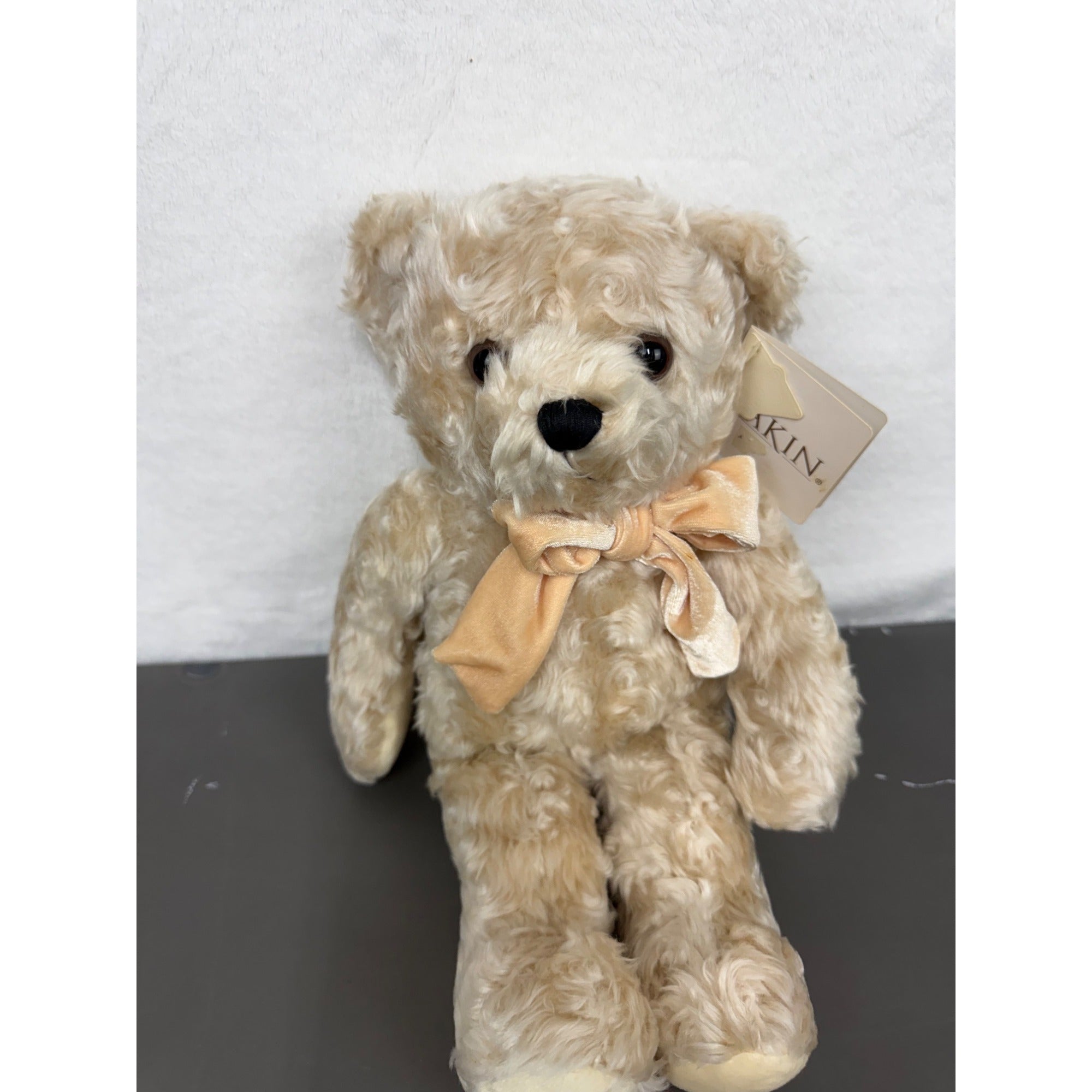 Dakin Shannon Beige Plush Teddy Bear With Velvet Bow Curly Fur 15 Inches
