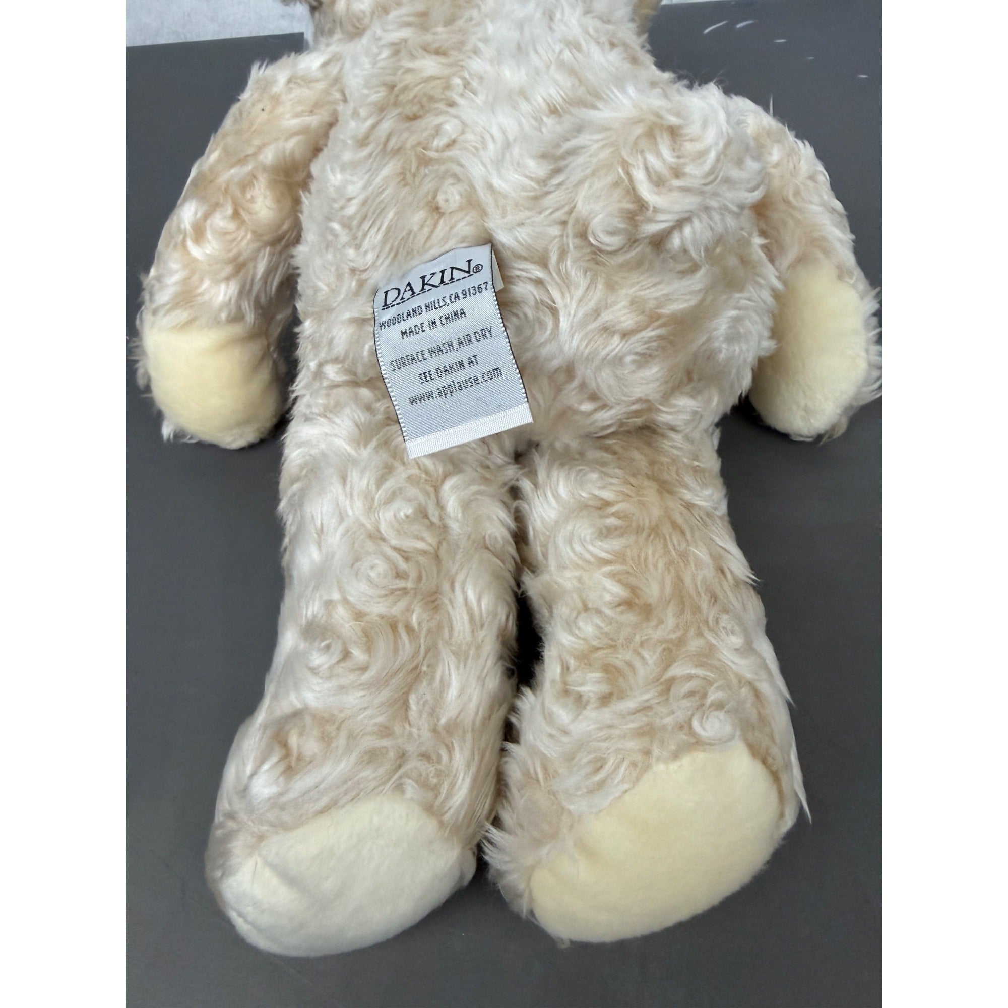 Dakin Shannon Beige Plush Teddy Bear With Velvet Bow Curly Fur 15 Inches