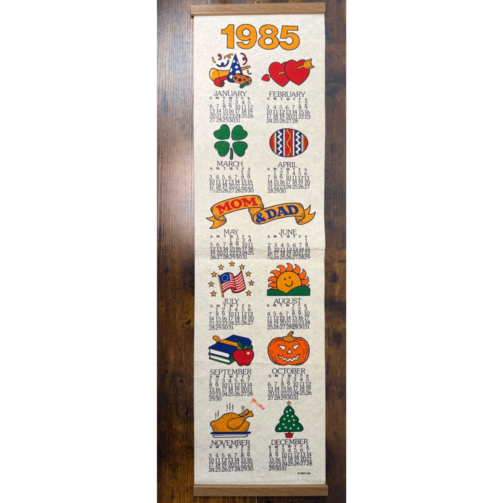 Vintage 1985 Wall Calendar With Seasonal Illustrations & Wooden Hanger