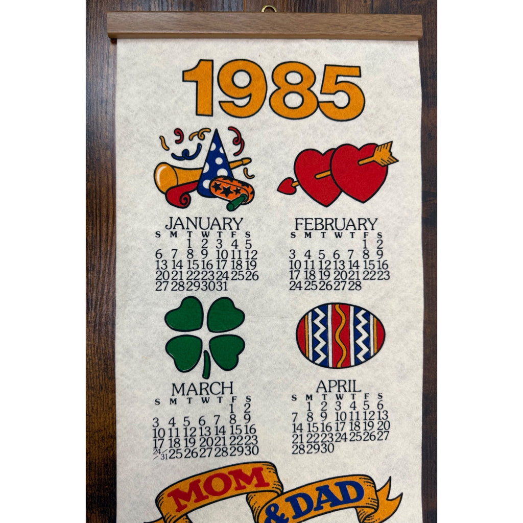 Vintage 1985 Wall Calendar With Seasonal Illustrations & Wooden Hanger