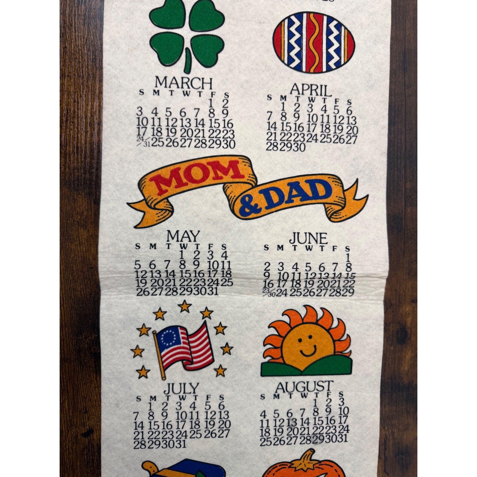 Vintage 1985 Wall Calendar With Seasonal Illustrations & Wooden Hanger