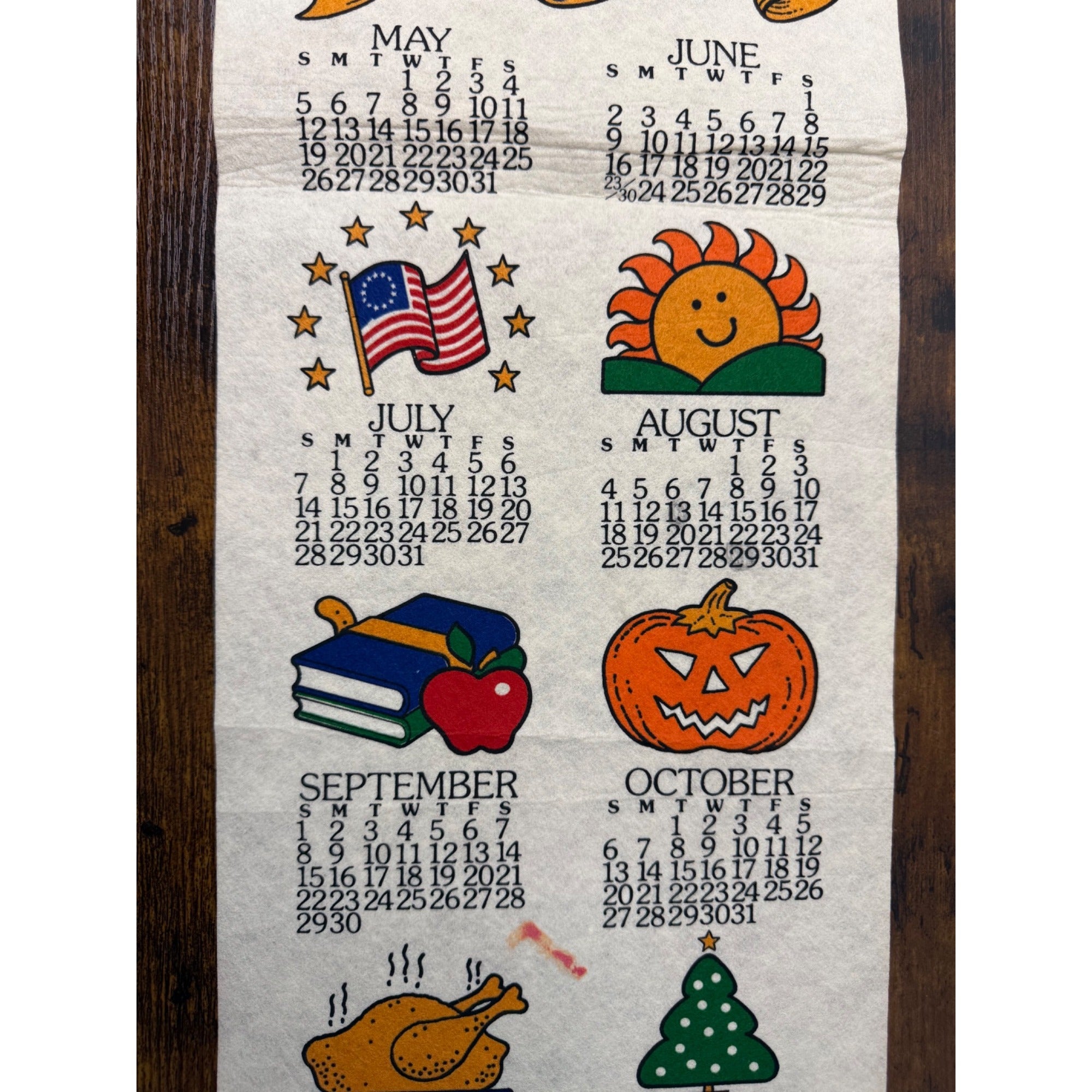 Vintage 1985 Wall Calendar With Seasonal Illustrations & Wooden Hanger