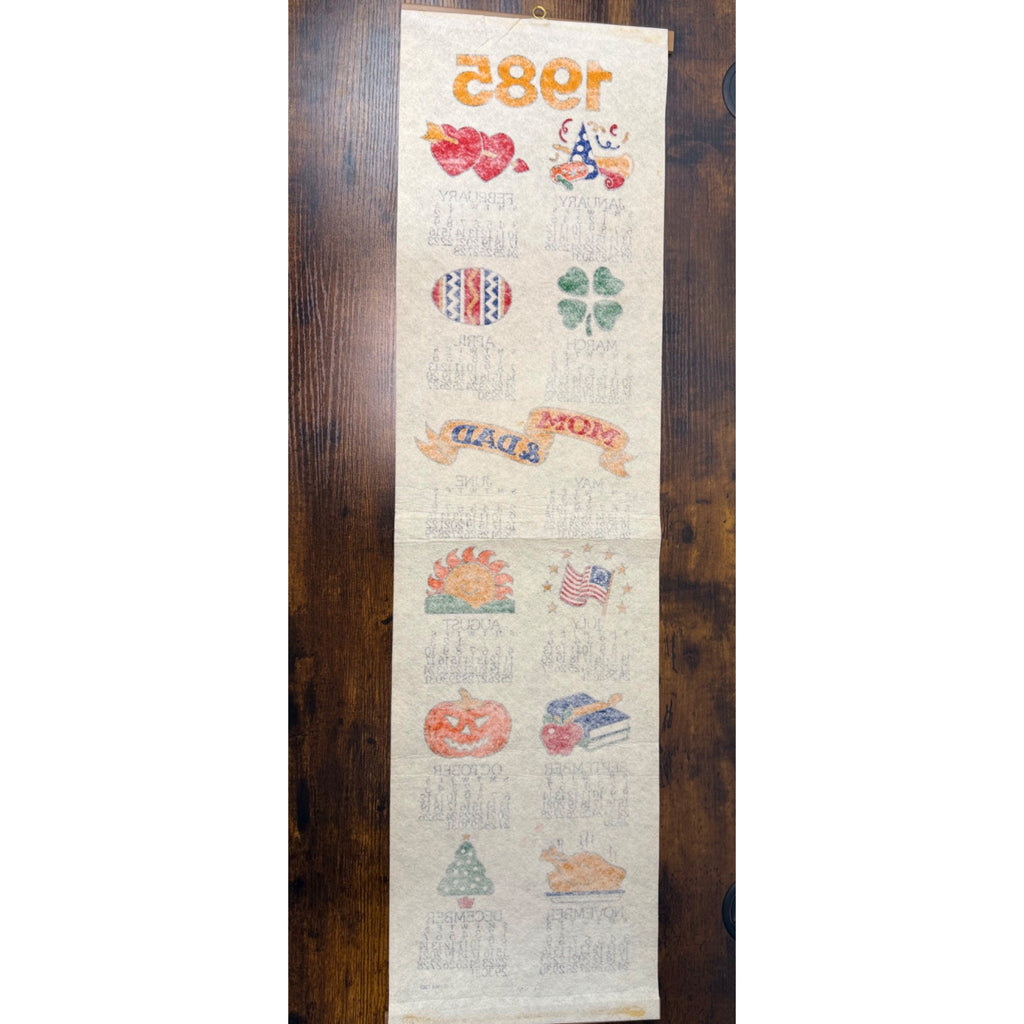 Vintage 1985 Wall Calendar With Seasonal Illustrations & Wooden Hanger