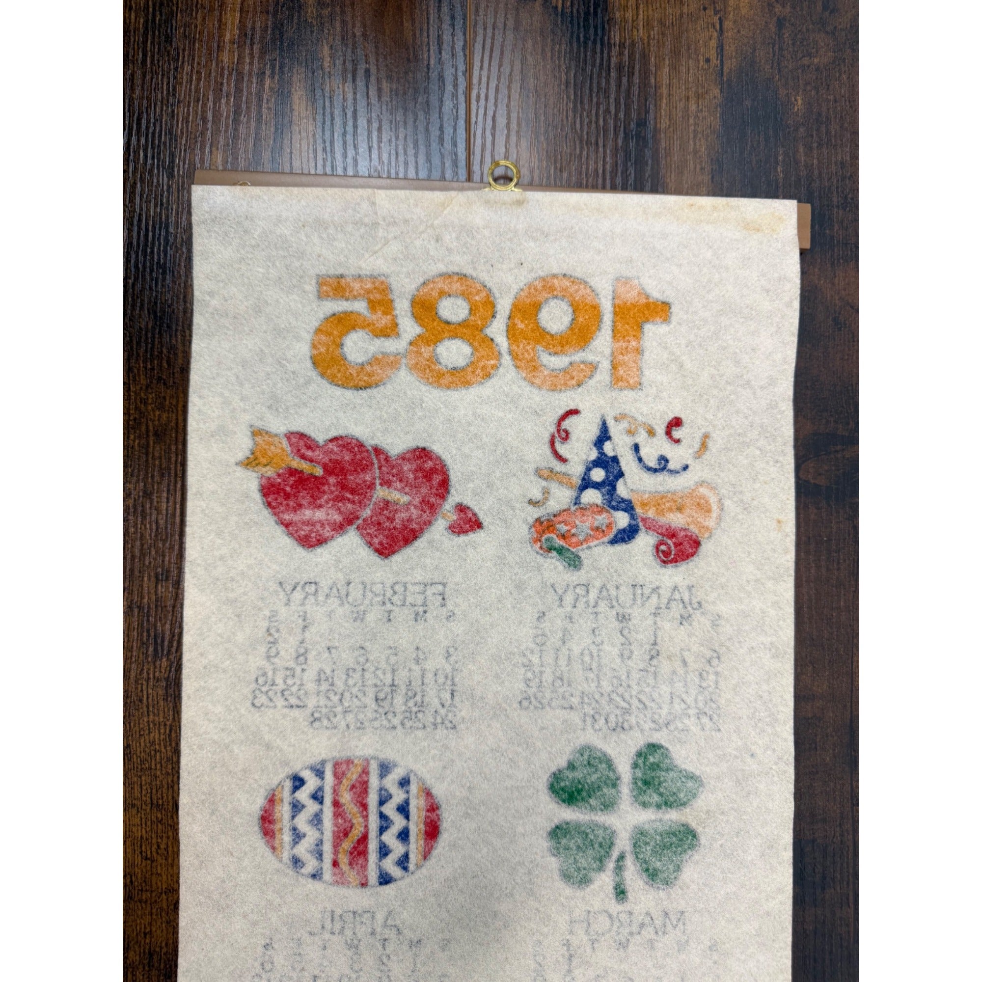 Vintage 1985 Wall Calendar With Seasonal Illustrations & Wooden Hanger
