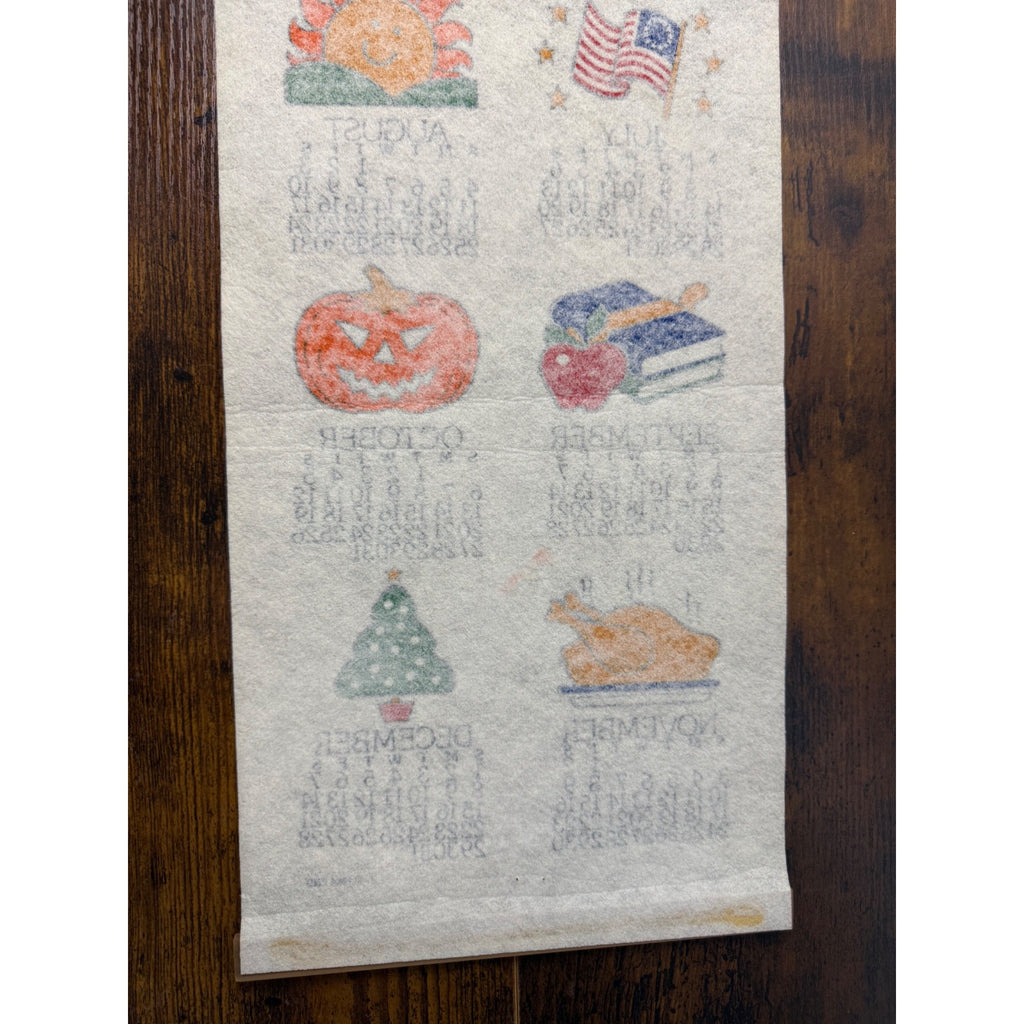 Vintage 1985 Wall Calendar With Seasonal Illustrations & Wooden Hanger