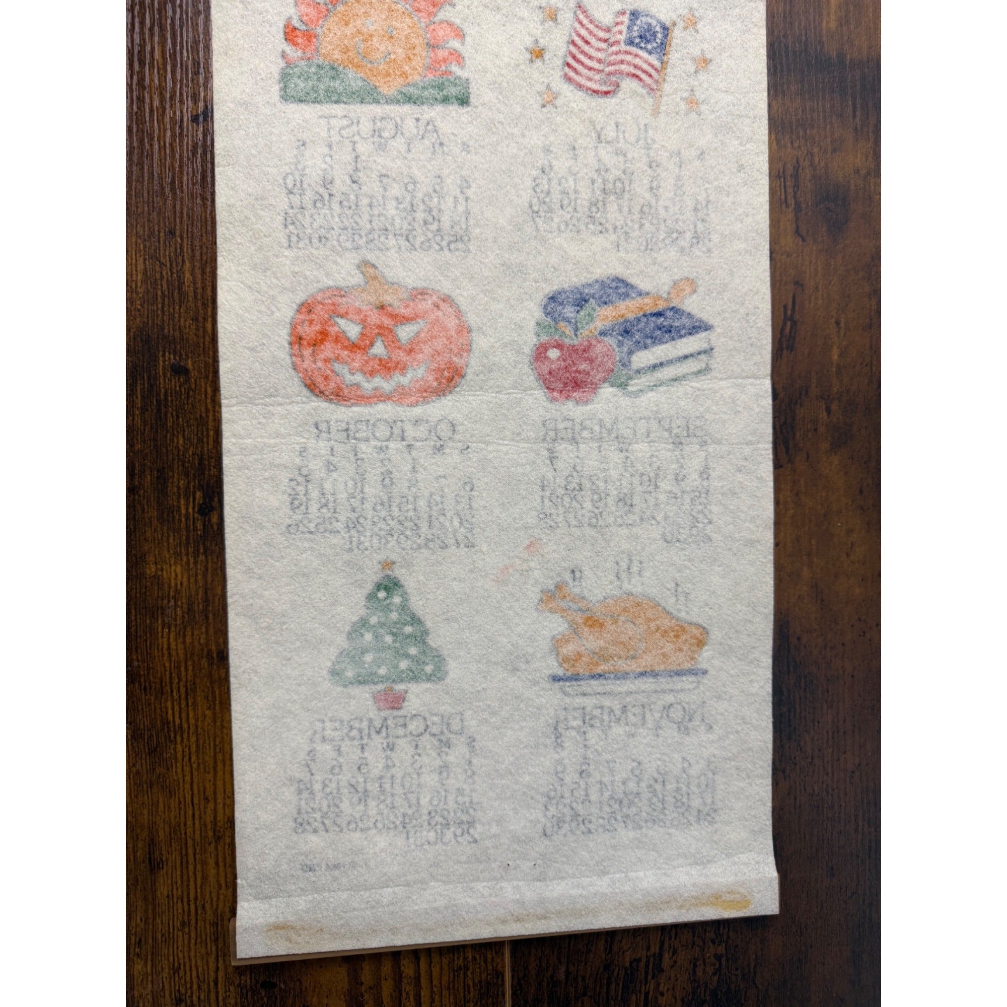 Vintage 1985 Wall Calendar With Seasonal Illustrations & Wooden Hanger