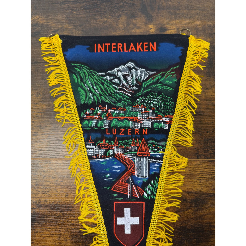 Vintage Interlaken Luzern Swiss Souvenir Pennant With Yellow Fringe
