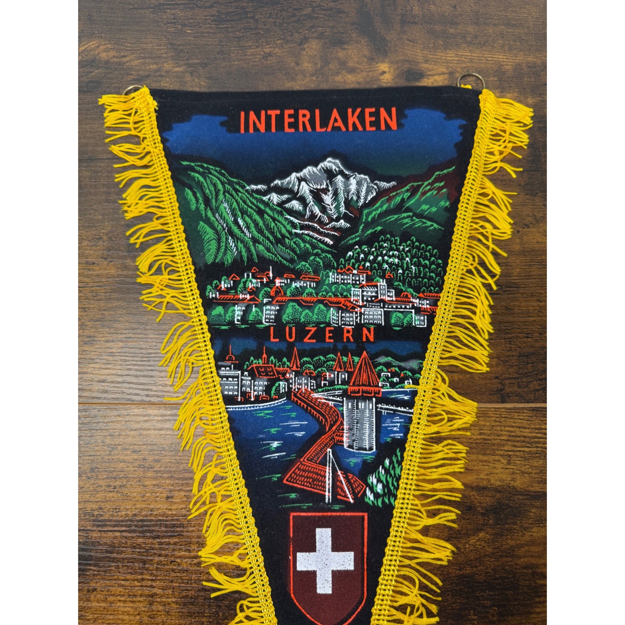 Vintage Interlaken Luzern Swiss Souvenir Pennant With Yellow Fringe