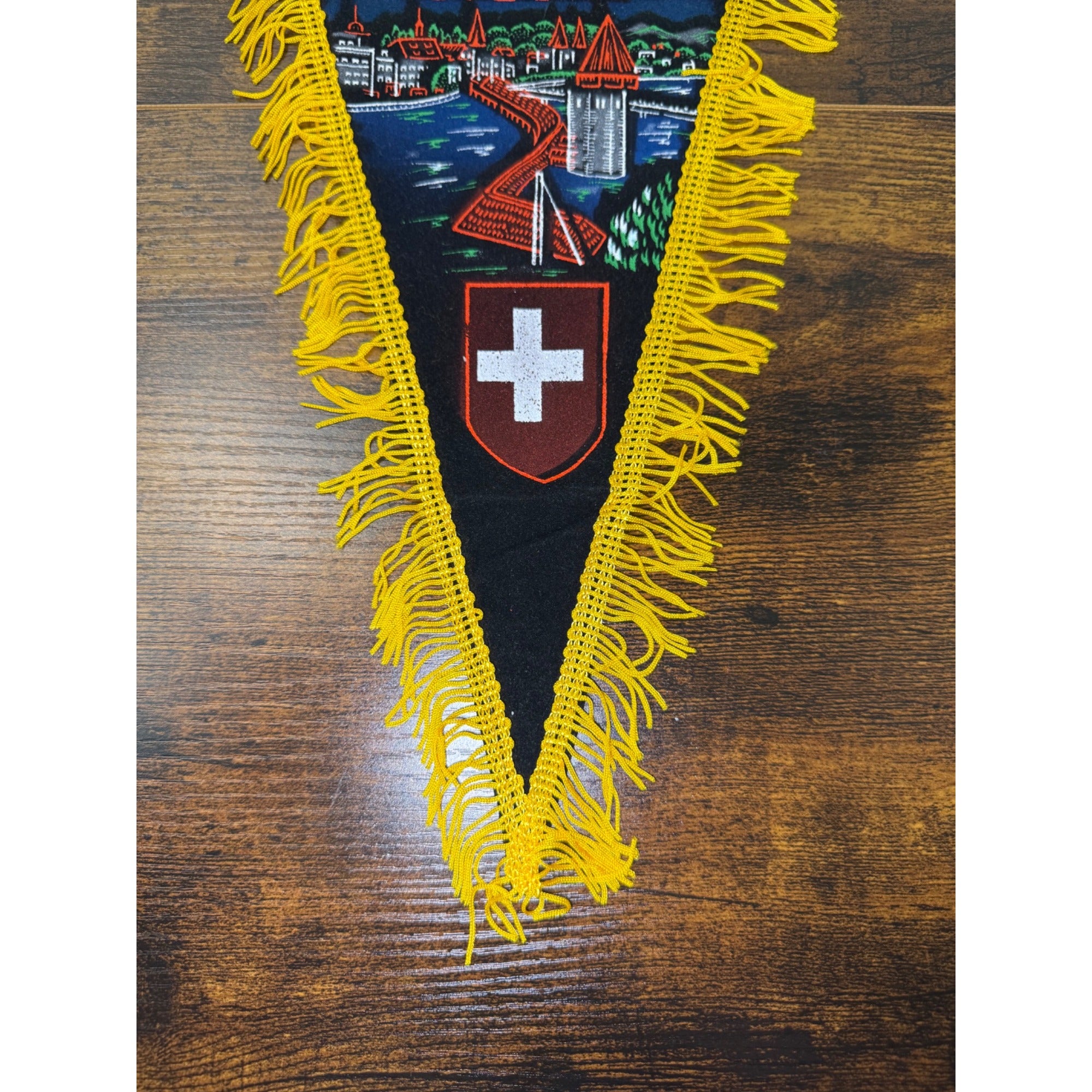 Vintage Interlaken Luzern Swiss Souvenir Pennant With Yellow Fringe