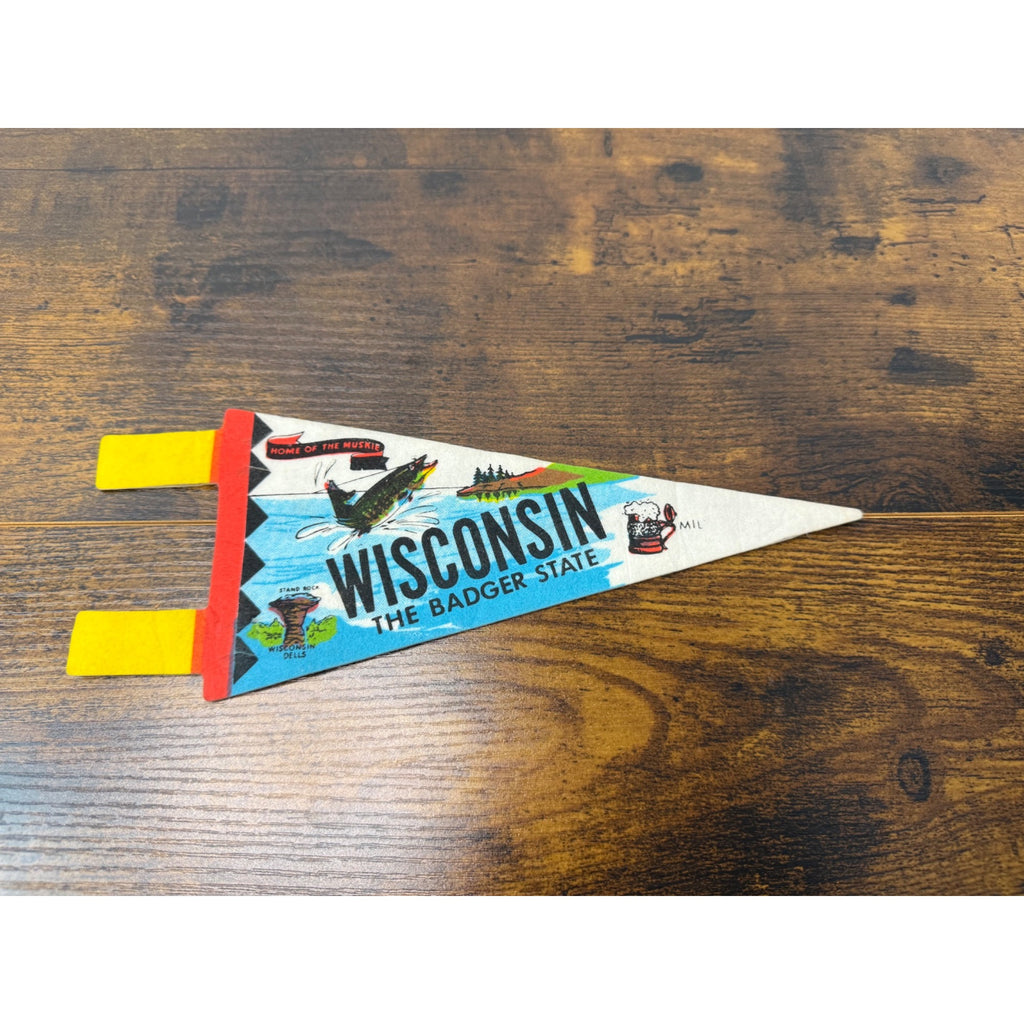Vintage Wisconsin Badger State Felt Pennant With Muskie Graphic & Souvenir