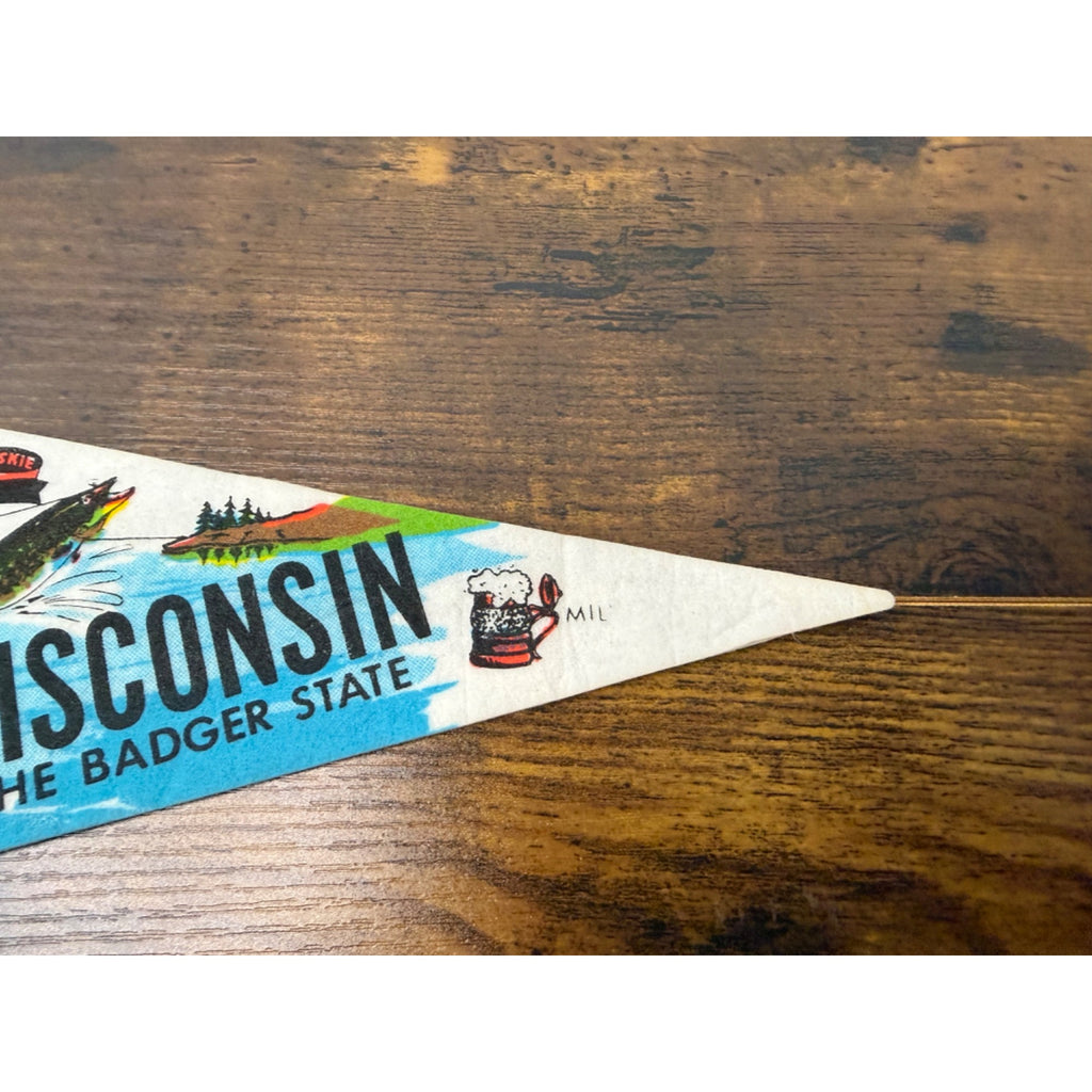 Vintage Wisconsin Badger State Felt Pennant With Muskie Graphic & Souvenir