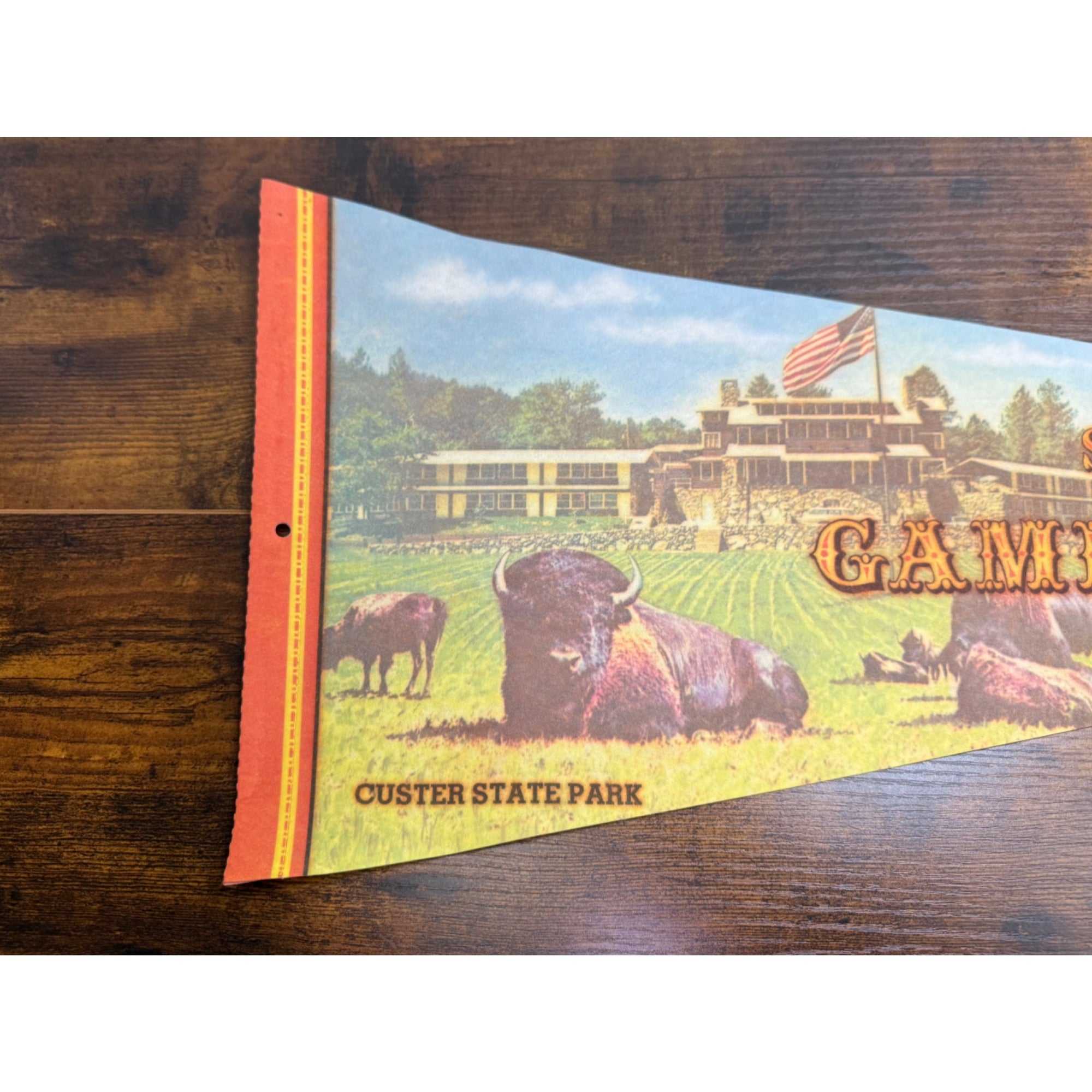 Vintage Custer State Park Game Lodge Pennant With Bison & Lodge 29.5 inches