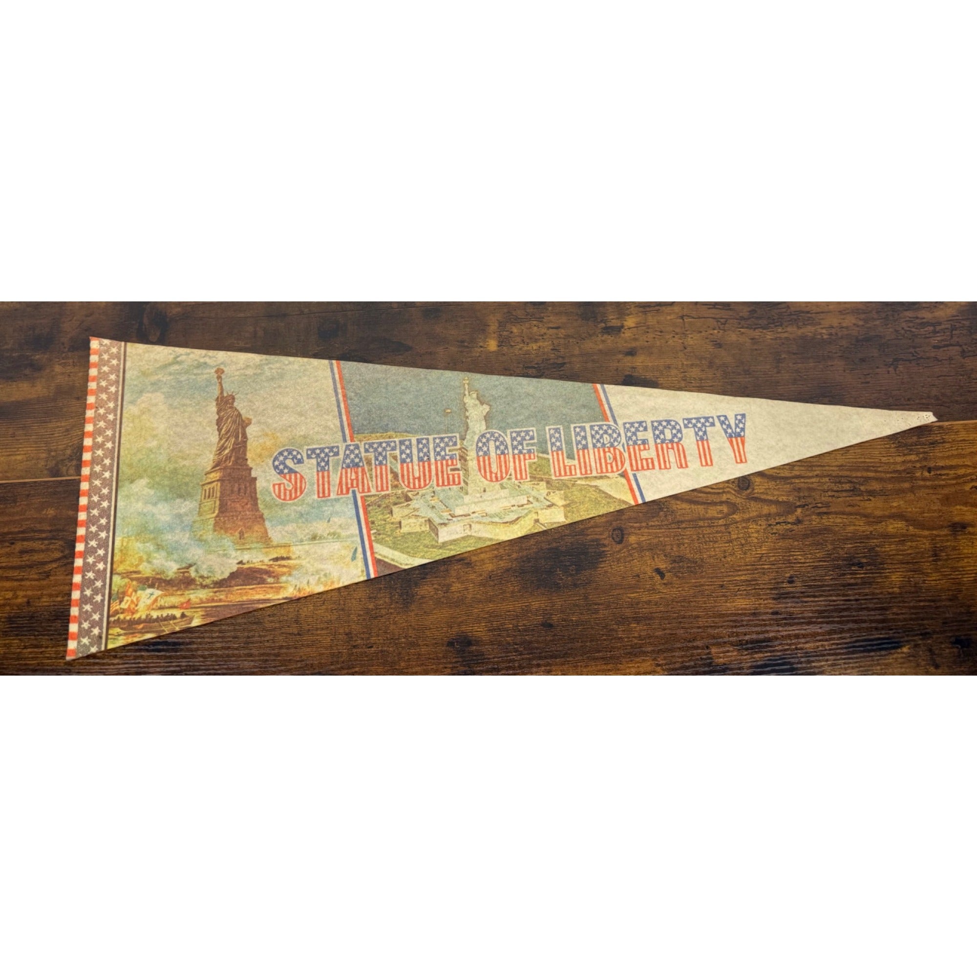 Vintage Statue Of Liberty Pennant Flag With Illustrations & Patriotic Colors