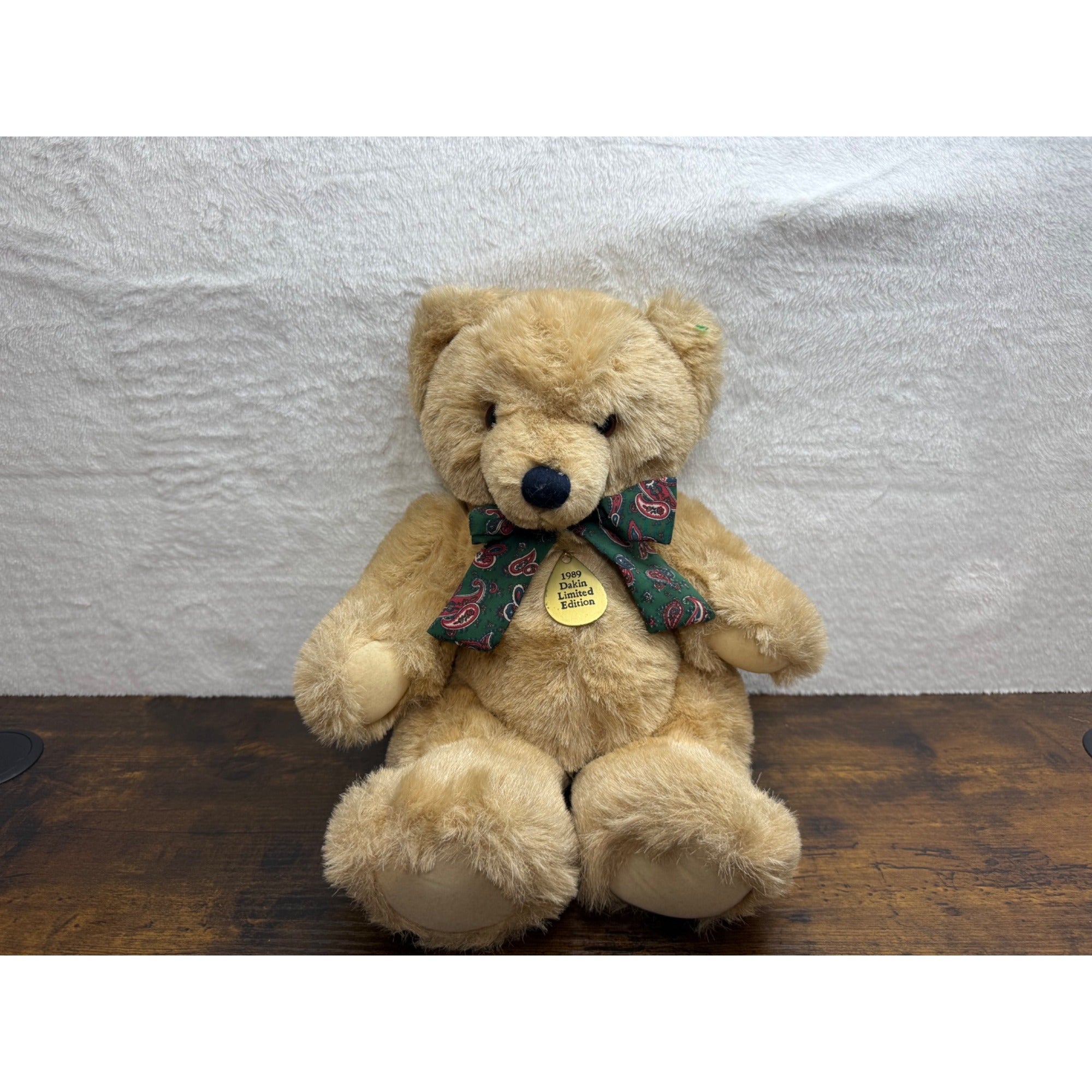 1989 Dakin Limited Edition Teddy Bear With Green Paisley Bow Plush Collectible
