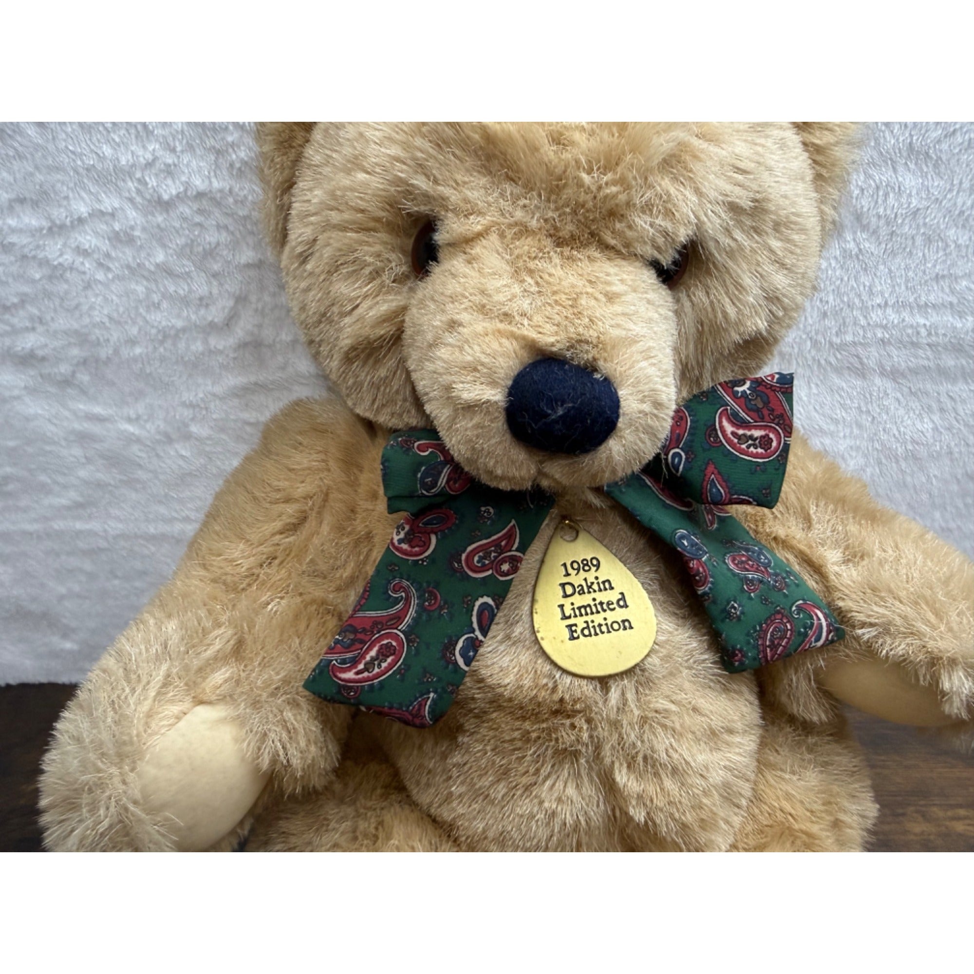 1989 Dakin Limited Edition Teddy Bear With Green Paisley Bow Plush Collectible