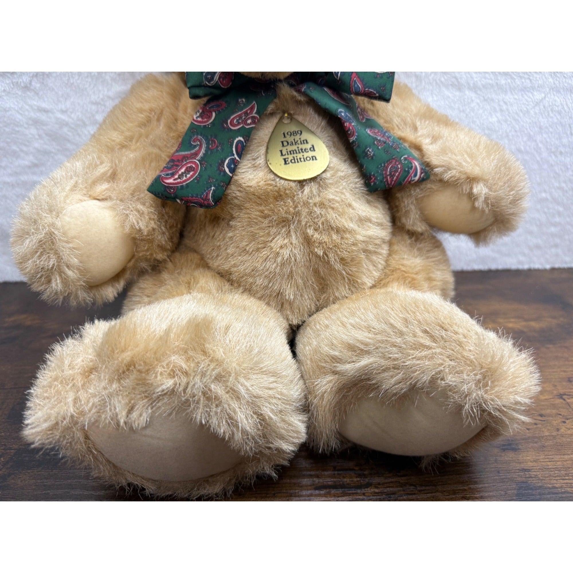 1989 Dakin Limited Edition Teddy Bear With Green Paisley Bow Plush Collectible
