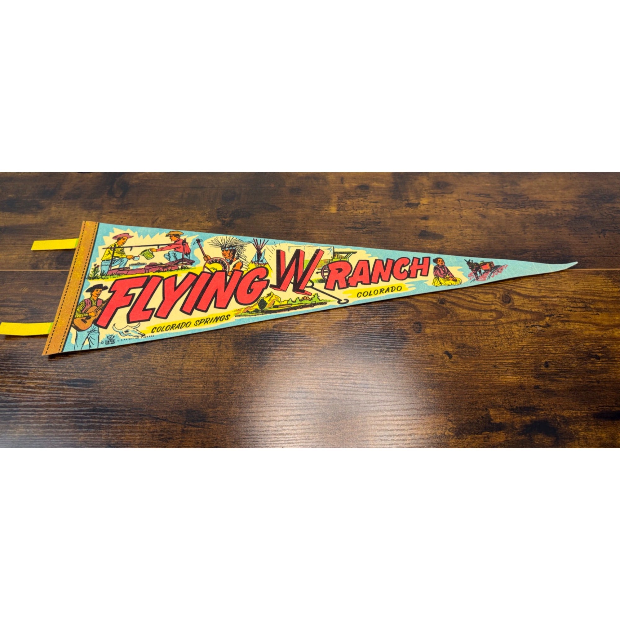 Vintage Flying W Ranch Colorado Springs Souvenir Pennant With Colorful Western