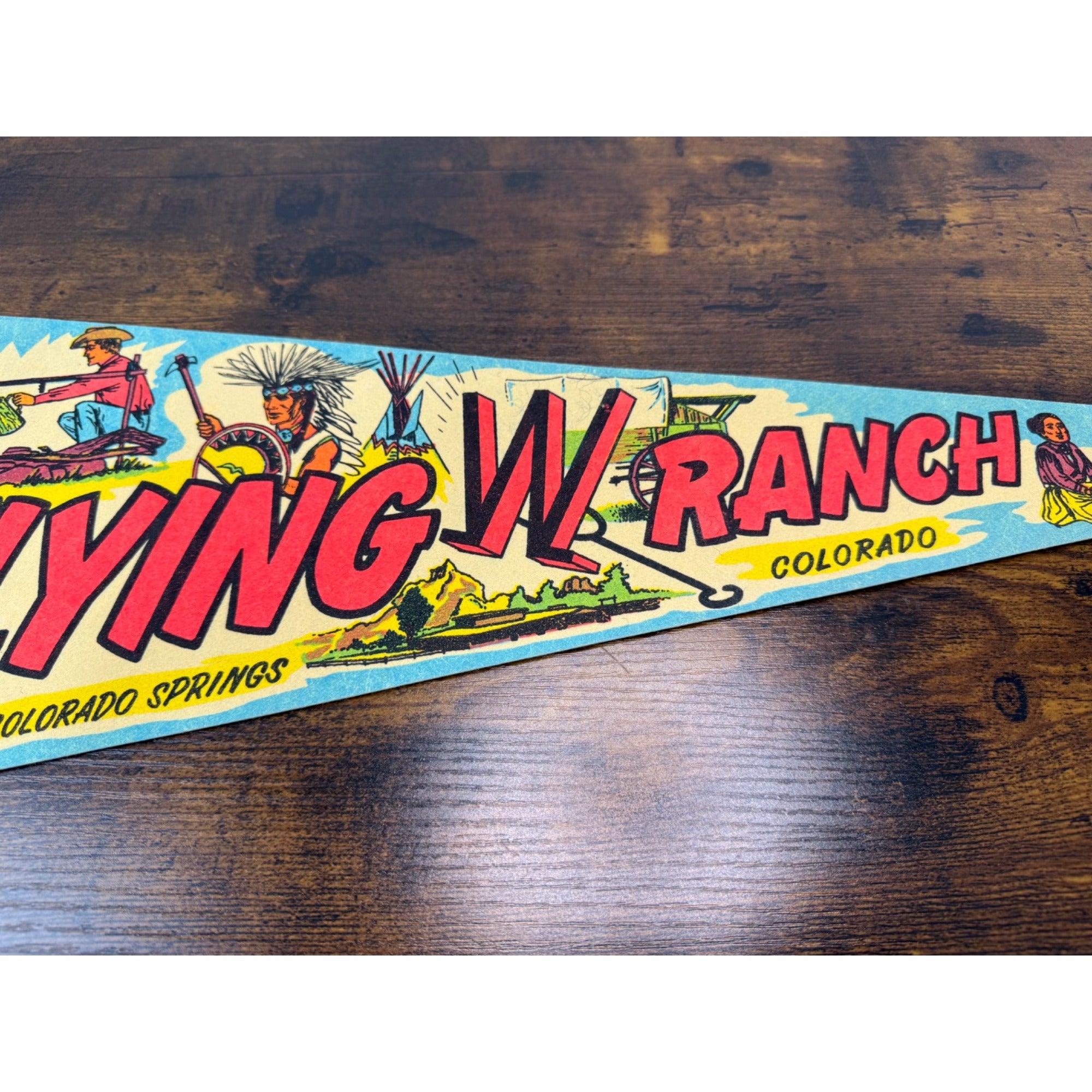 Vintage Flying W Ranch Colorado Springs Souvenir Pennant With Colorful Western