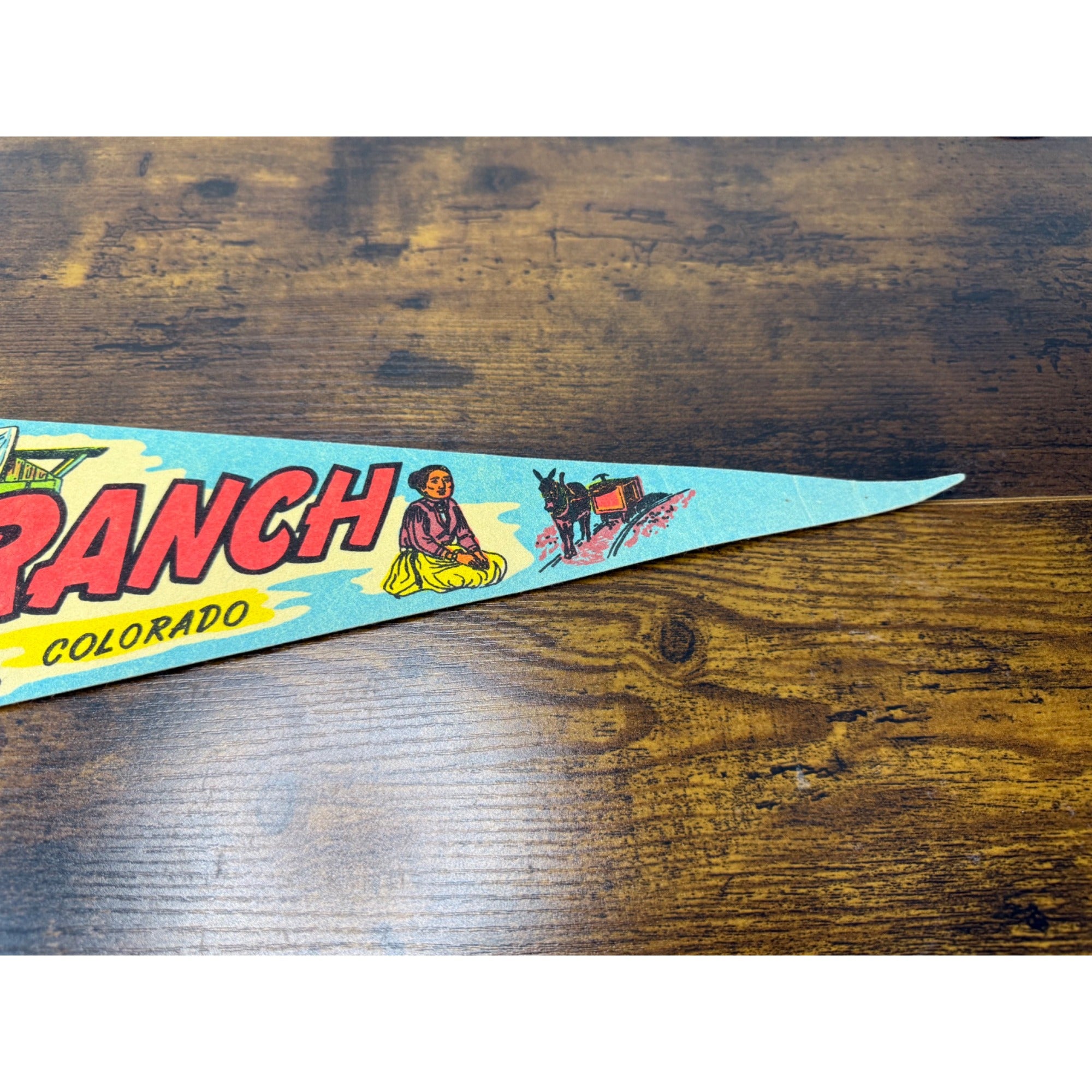 Vintage Flying W Ranch Colorado Springs Souvenir Pennant With Colorful Western