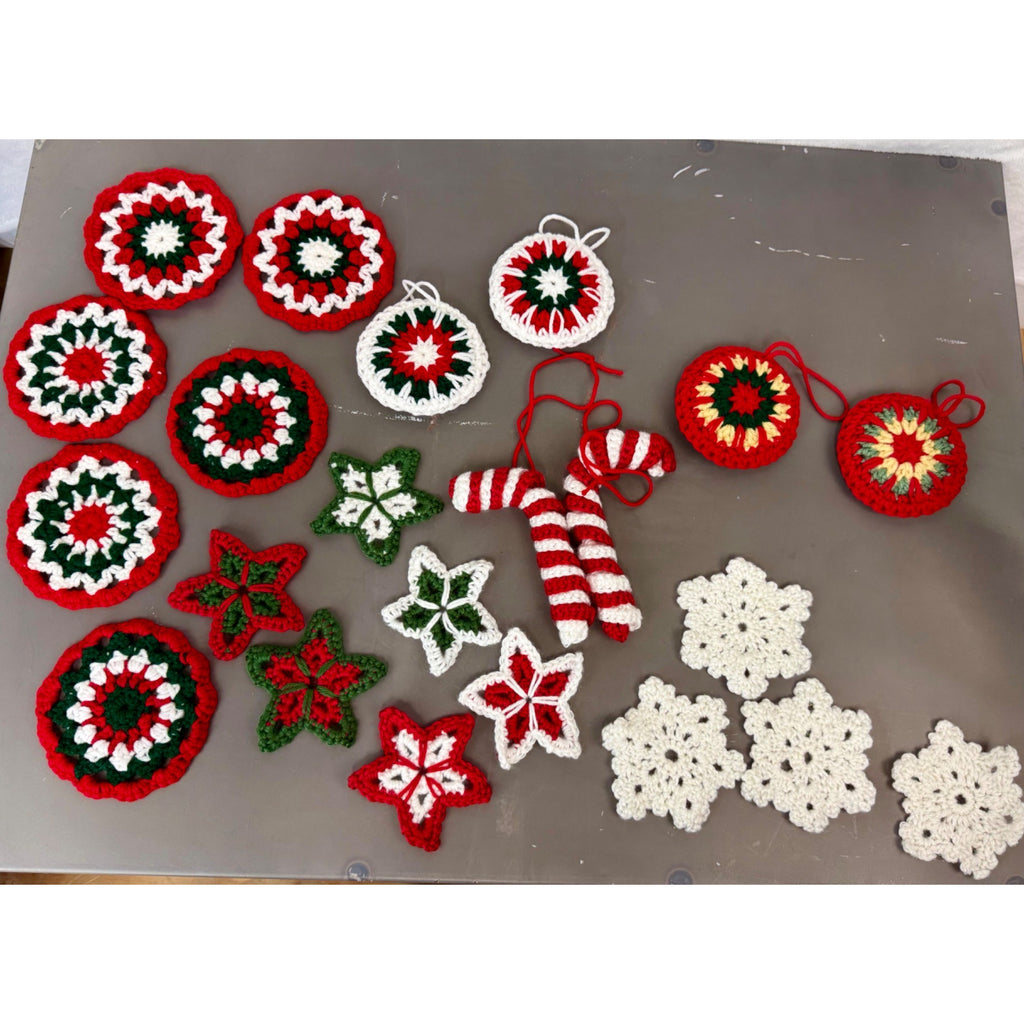 Handmade Crochet Christmas Decorations Set - Stars Snowflakes Candy Canes & Ornaments - Holiday Decor Red Green & White