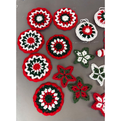Handmade Crochet Christmas Decorations Set - Stars Snowflakes Candy Canes & Ornaments - Holiday Decor Red Green & White