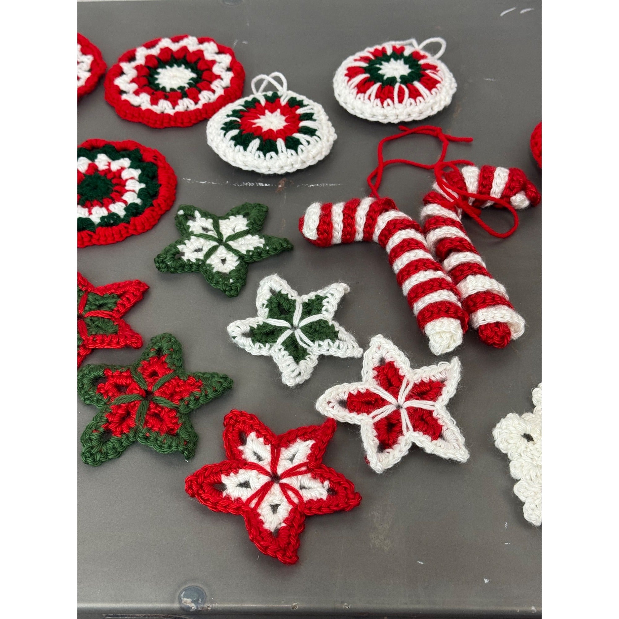 Handmade Crochet Christmas Decorations Set - Stars Snowflakes Candy Canes & Ornaments - Holiday Decor Red Green & White
