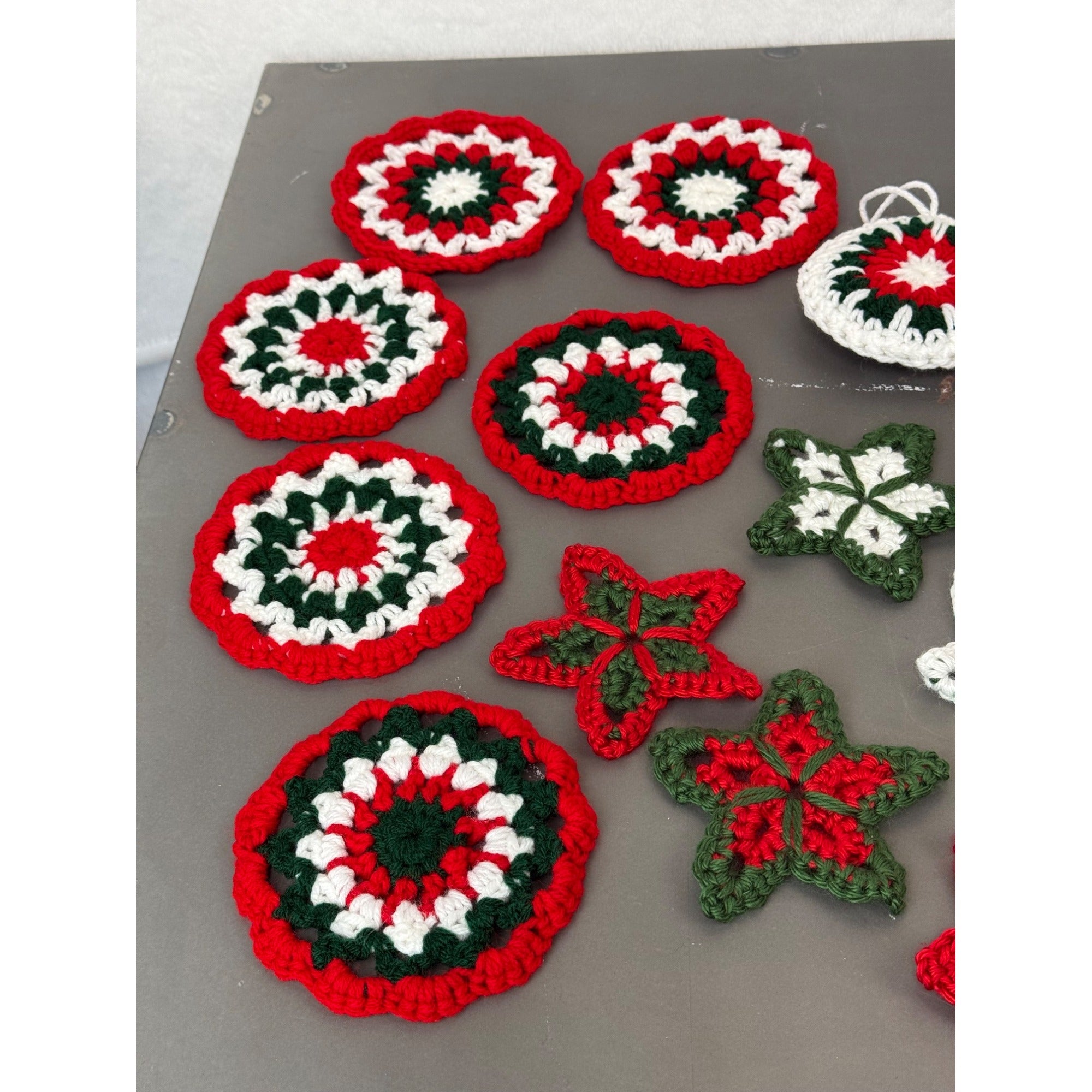 Handmade Crochet Christmas Decorations Set - Stars Snowflakes Candy Canes & Ornaments - Holiday Decor Red Green & White