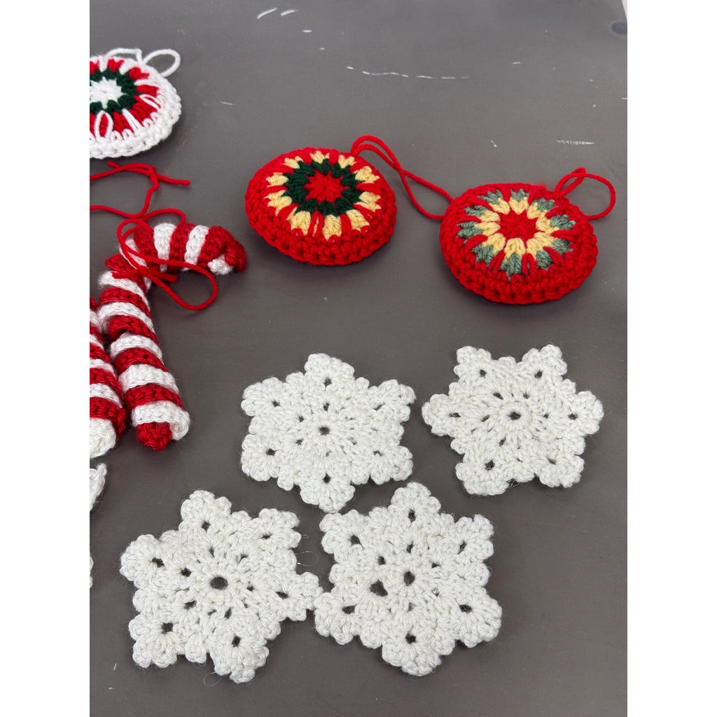 Handmade Crochet Christmas Decorations Set - Stars Snowflakes Candy Canes & Ornaments - Holiday Decor Red Green & White