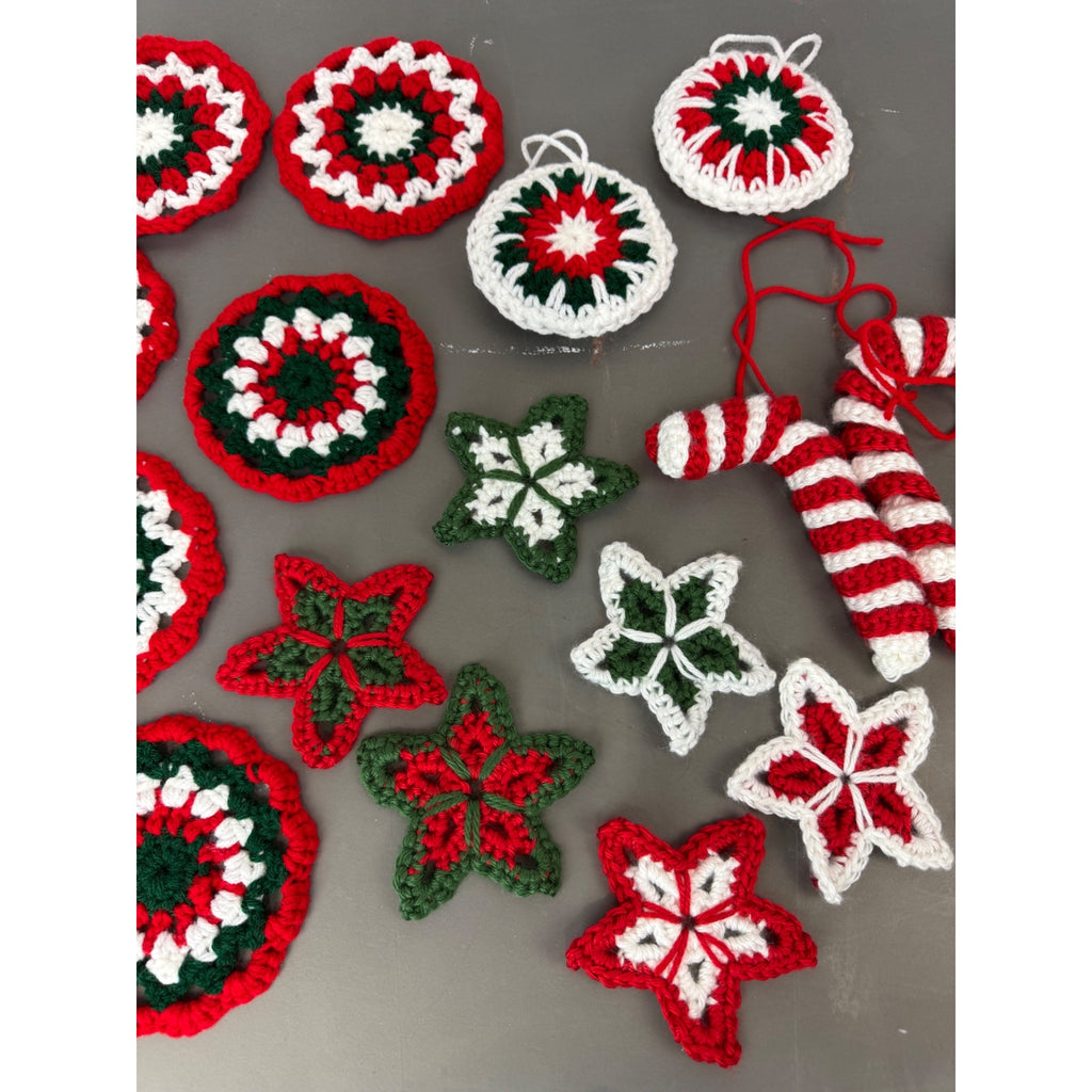Handmade Crochet Christmas Decorations Set - Stars Snowflakes Candy Canes & Ornaments - Holiday Decor Red Green & White