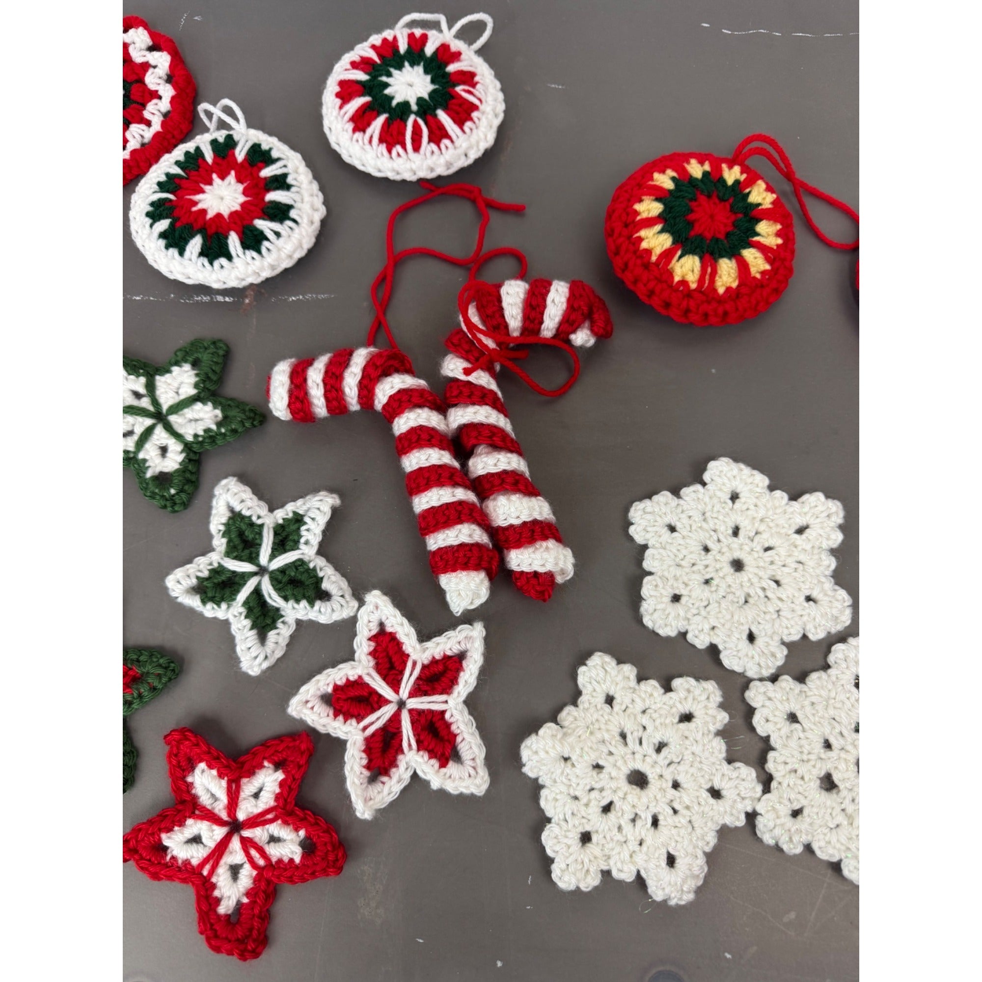 Handmade Crochet Christmas Decorations Set - Stars Snowflakes Candy Canes & Ornaments - Holiday Decor Red Green & White
