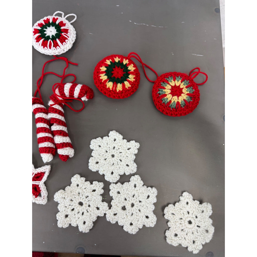 Handmade Crochet Christmas Decorations Set - Stars Snowflakes Candy Canes & Ornaments - Holiday Decor Red Green & White