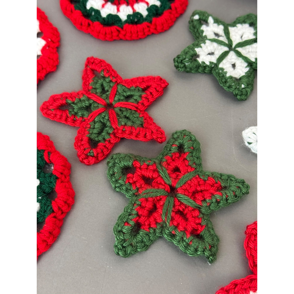 Handmade Crochet Christmas Decorations Set - Stars Snowflakes Candy Canes & Ornaments - Holiday Decor Red Green & White