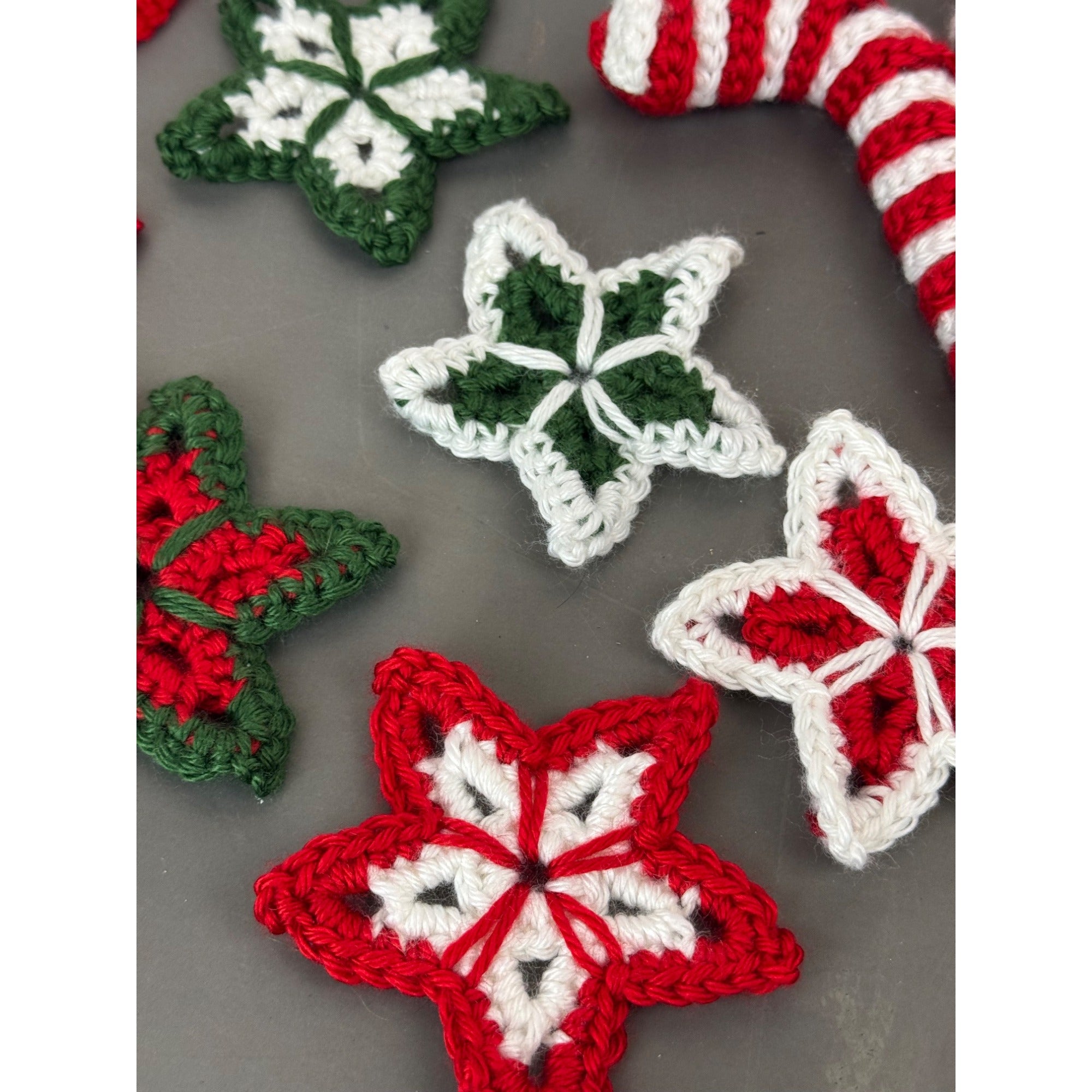 Handmade Crochet Christmas Decorations Set - Stars Snowflakes Candy Canes & Ornaments - Holiday Decor Red Green & White