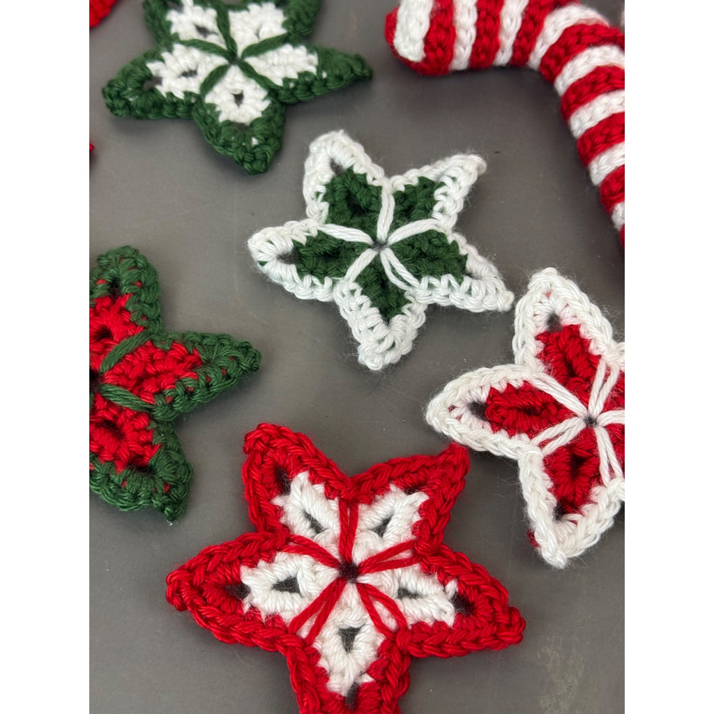 Handmade Crochet Christmas Decorations Set - Stars Snowflakes Candy Canes & Ornaments - Holiday Decor Red Green & White