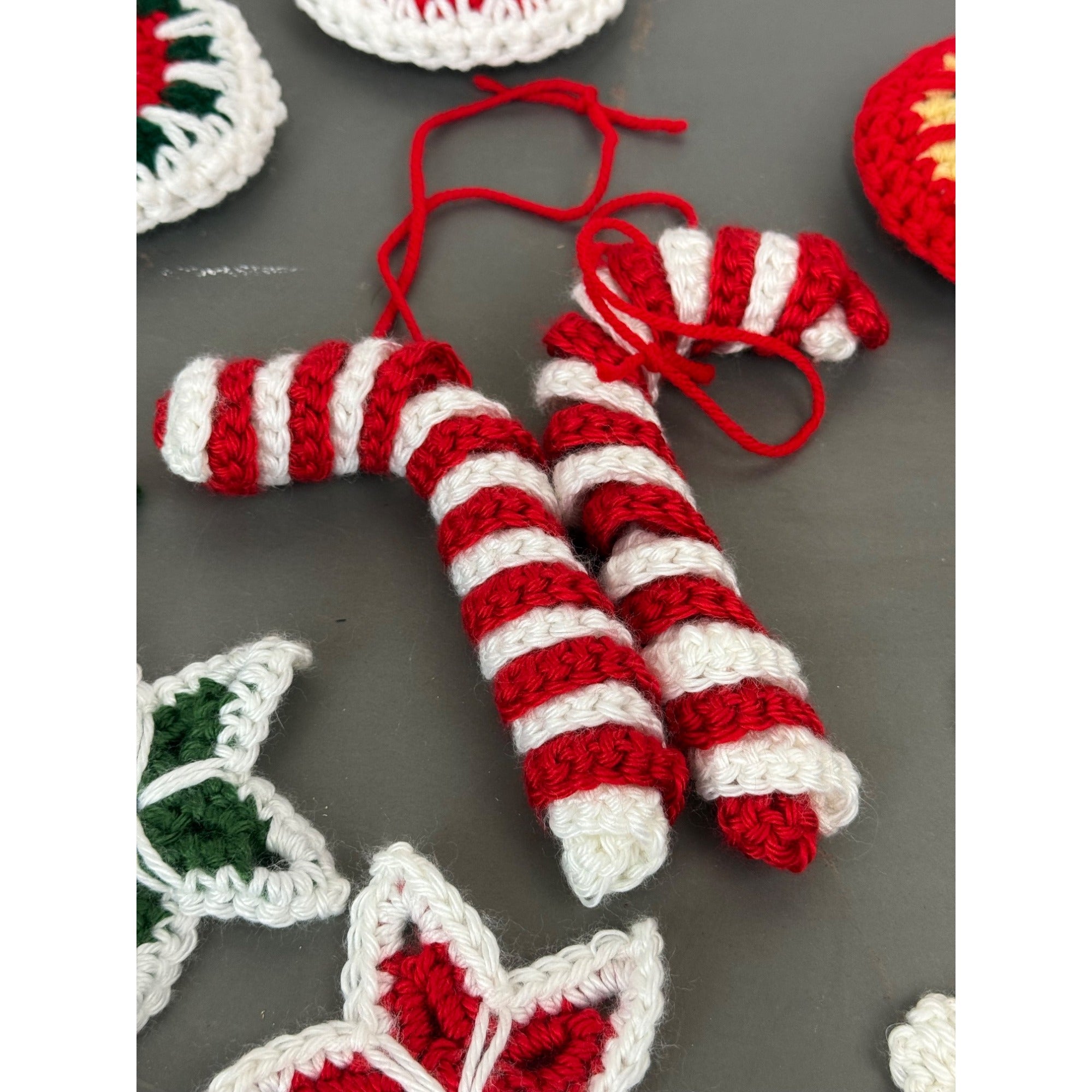 Handmade Crochet Christmas Decorations Set - Stars Snowflakes Candy Canes & Ornaments - Holiday Decor Red Green & White
