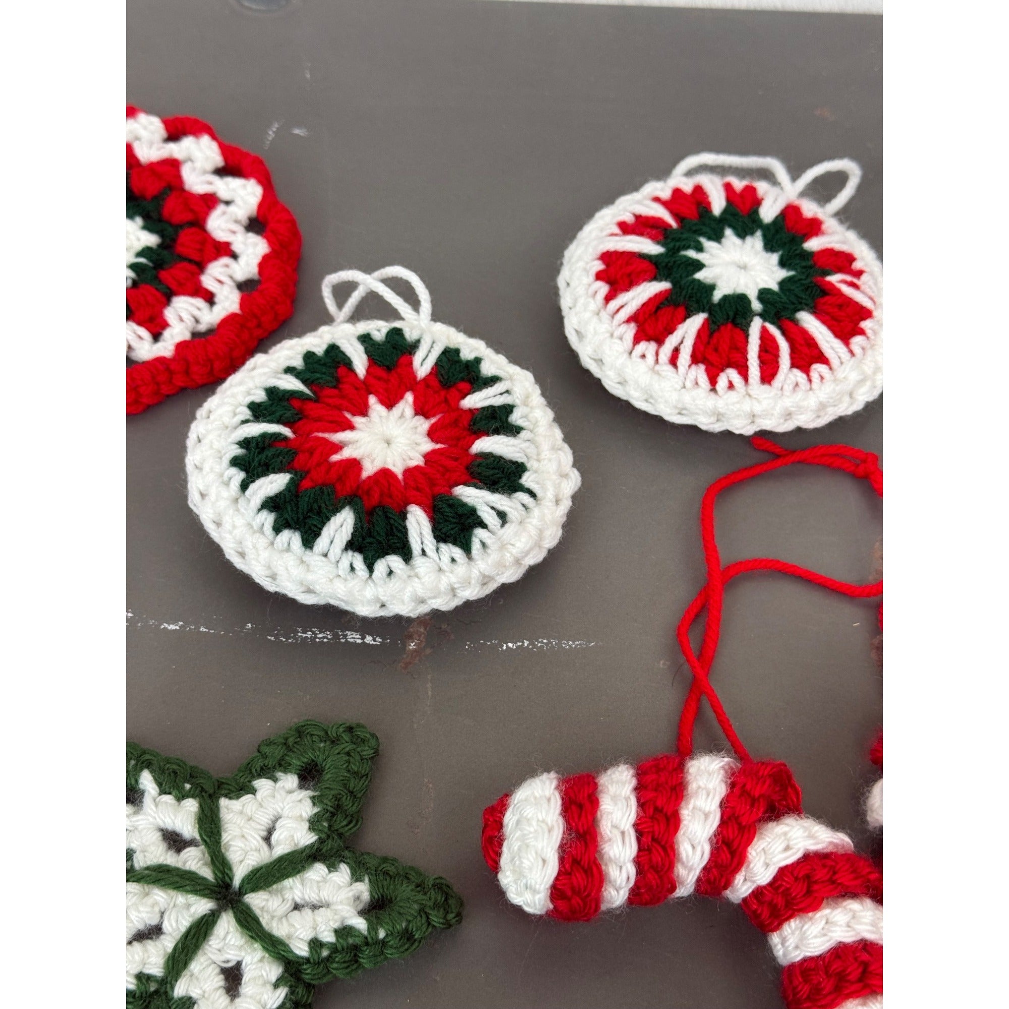 Handmade Crochet Christmas Decorations Set - Stars Snowflakes Candy Canes & Ornaments - Holiday Decor Red Green & White