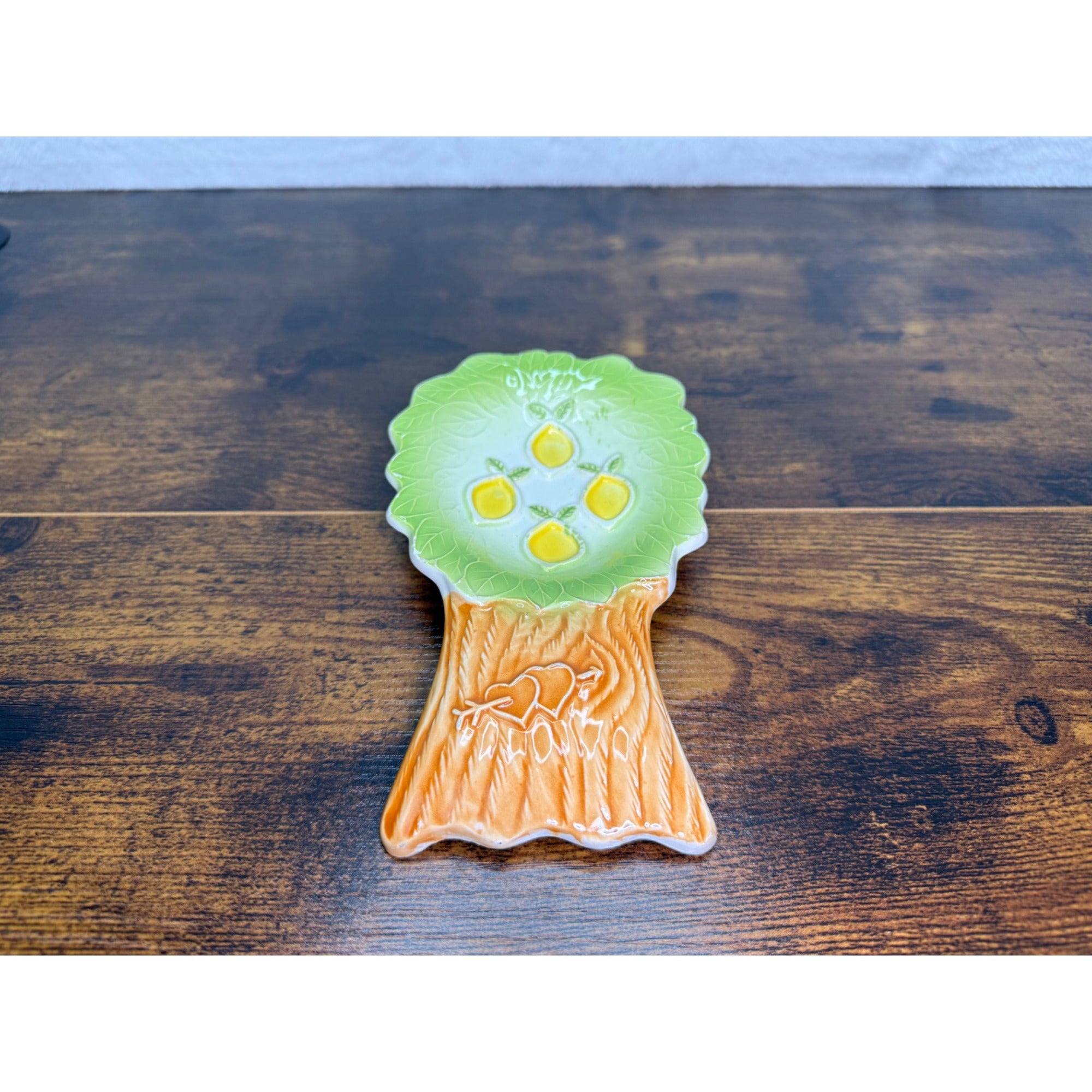 Vintage Ceramic Tree-Shaped Plate With Lemon Design - Decorative Spoon rest Green & Brown