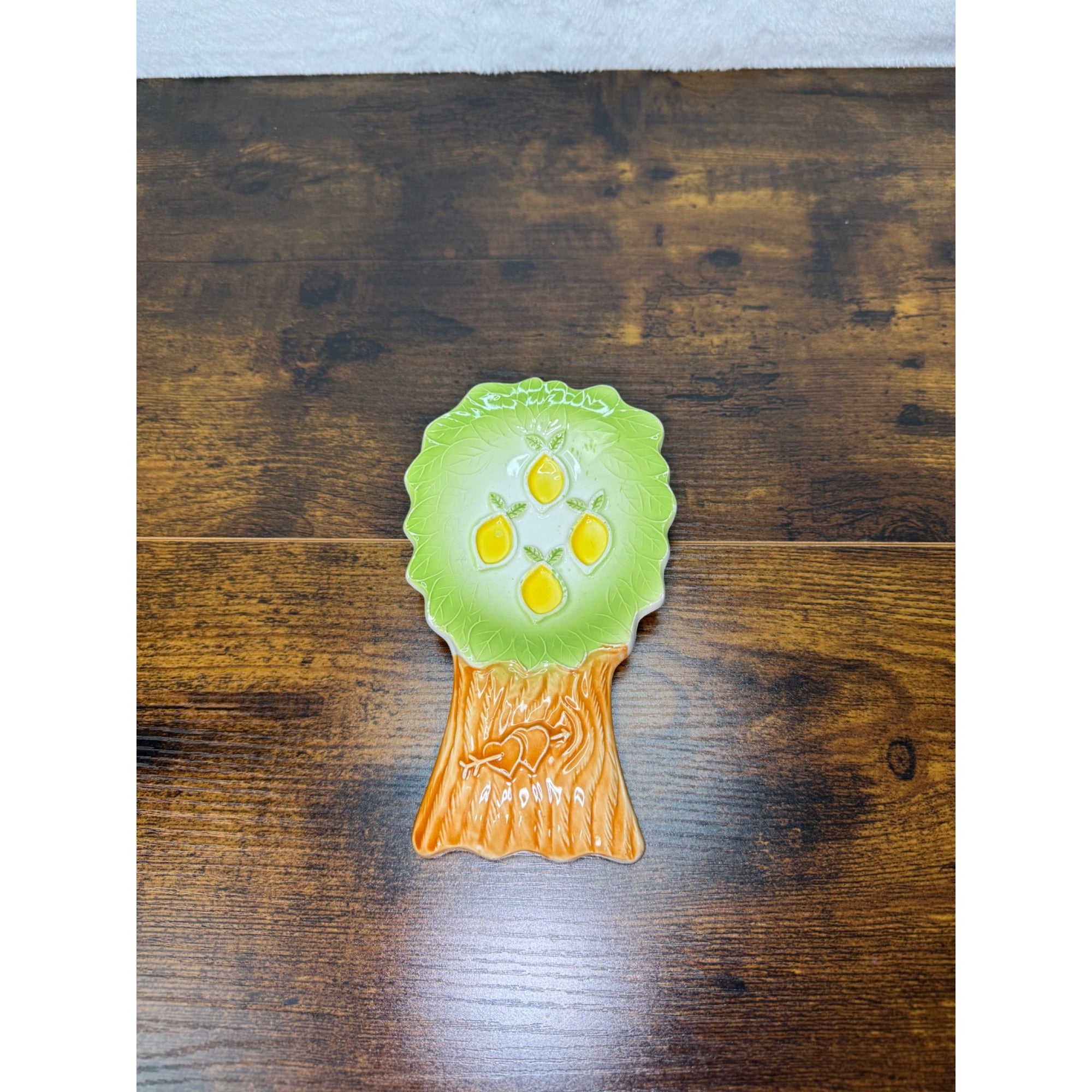 Vintage Ceramic Tree-Shaped Plate With Lemon Design - Decorative Spoon rest Green & Brown