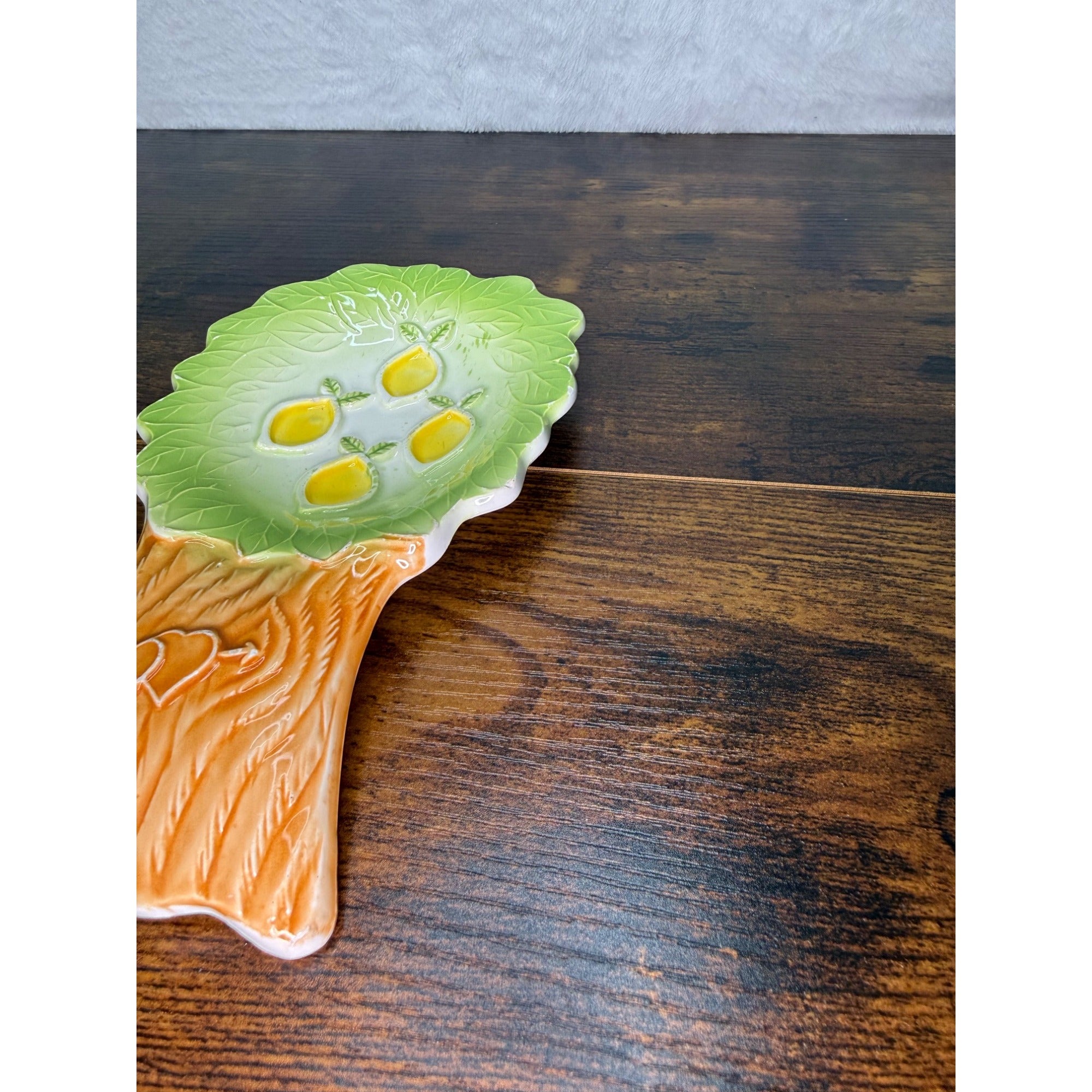 Vintage Ceramic Tree-Shaped Plate With Lemon Design - Decorative Spoon rest Green & Brown