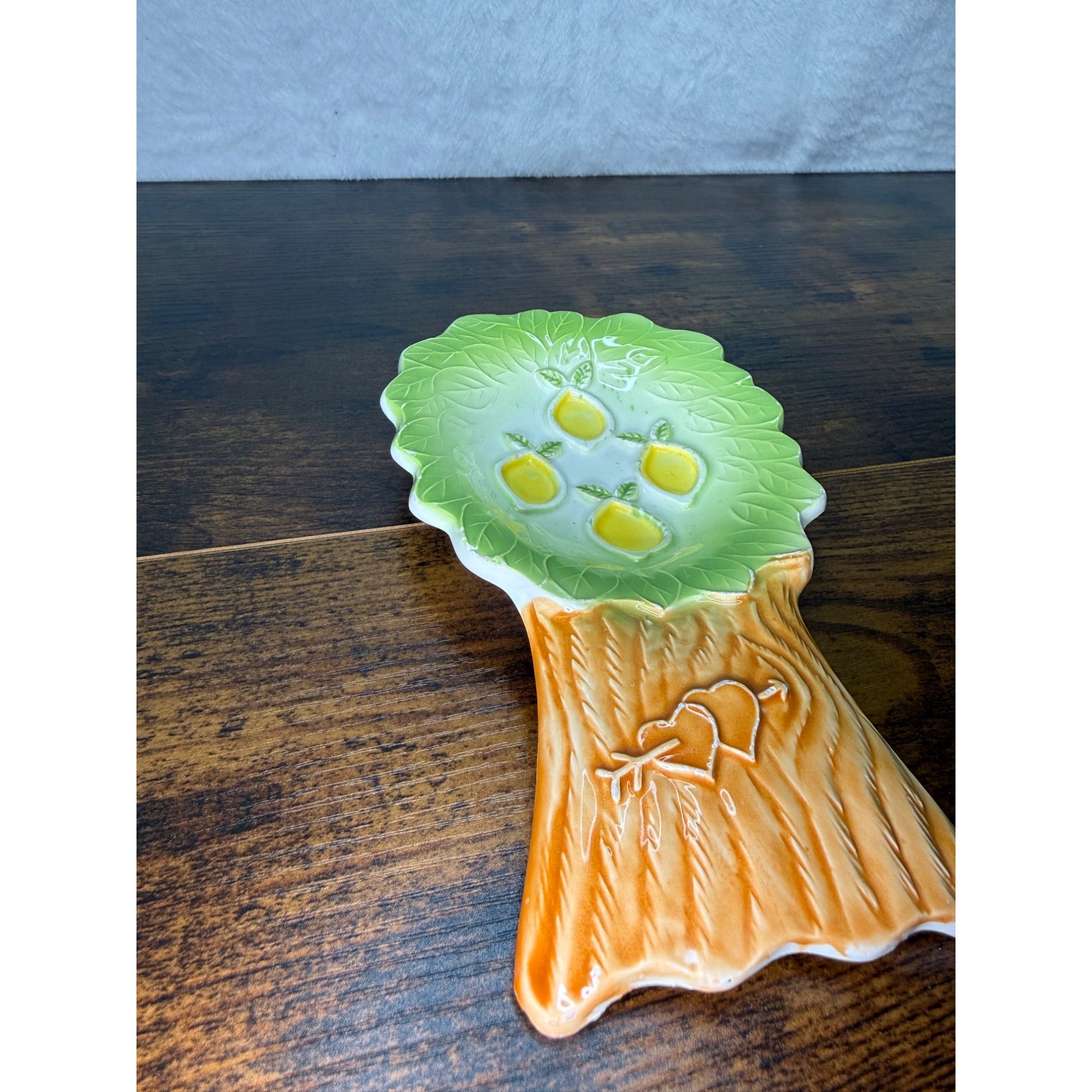 Vintage Ceramic Tree-Shaped Plate With Lemon Design - Decorative Spoon rest Green & Brown