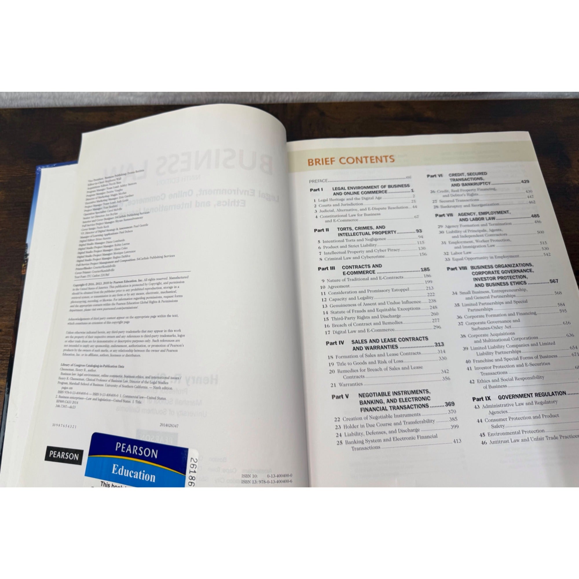 Business Law hardcover ninth edition by Henry Cheeseman Pearson