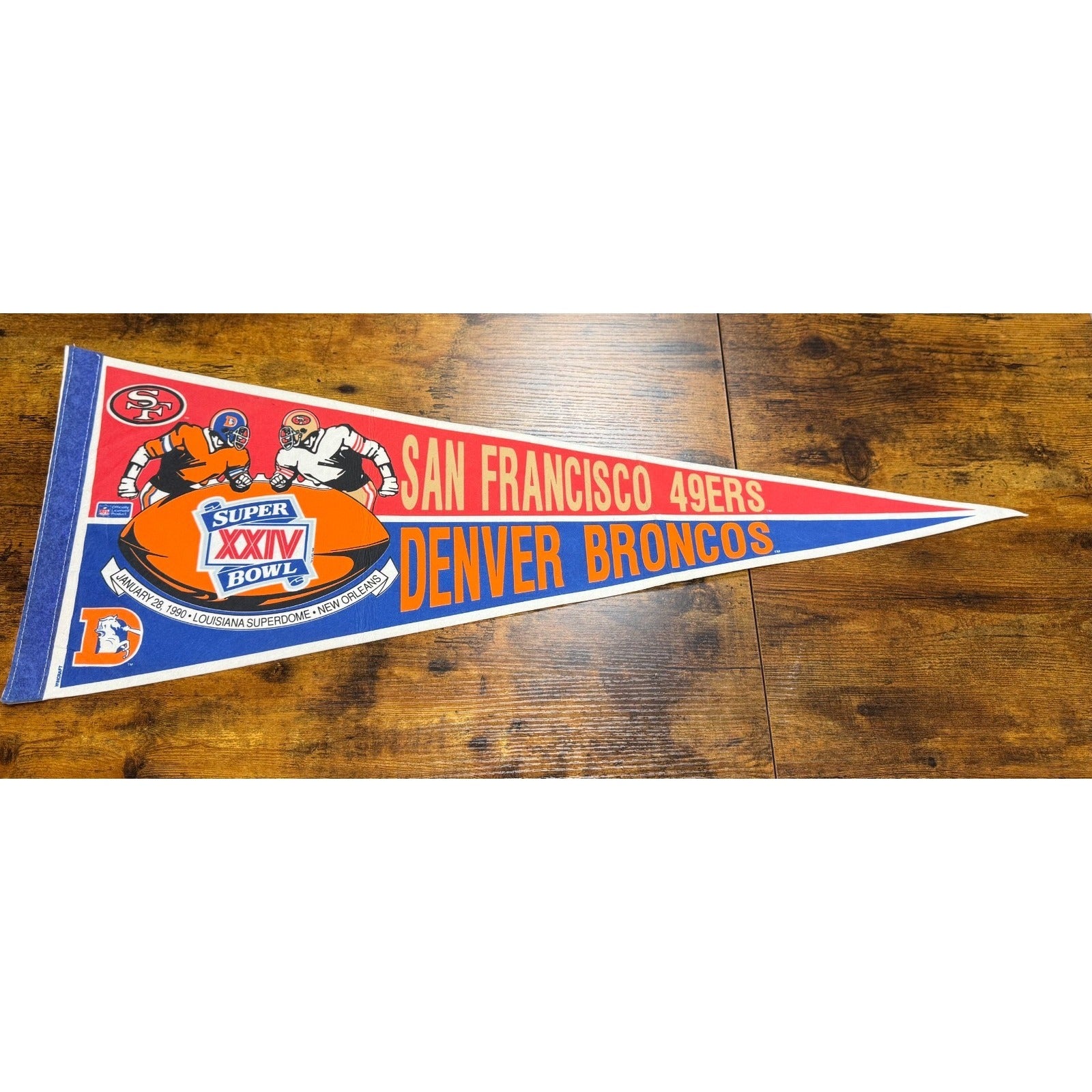 Vintage 1990 Super Bowl Denver Broncos / San Francisco 49ers Pennant New Orleans