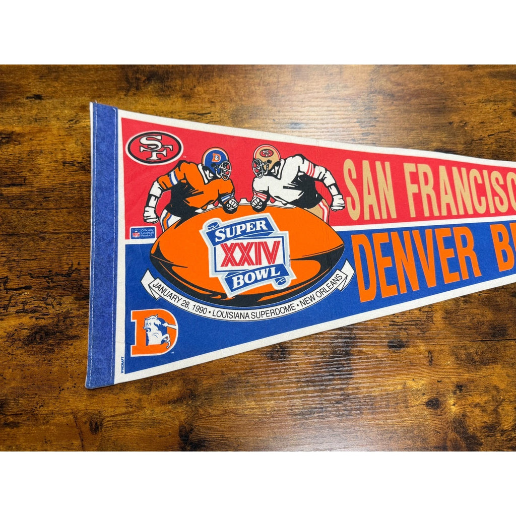 Vintage 1990 Super Bowl Denver Broncos / San Francisco 49ers Pennant New Orleans