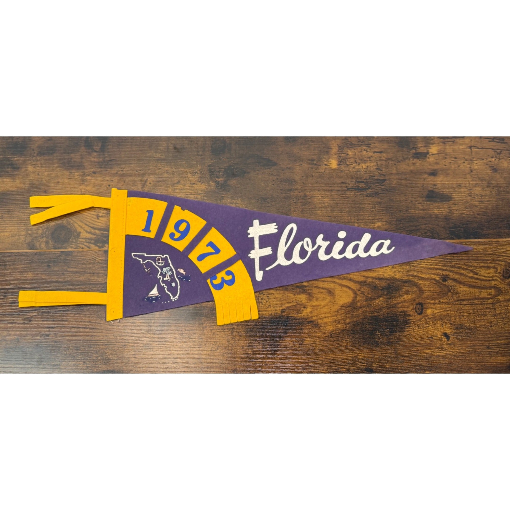 Vintage 1973 Florida Felt Pennant Purple & Gold With Map Design