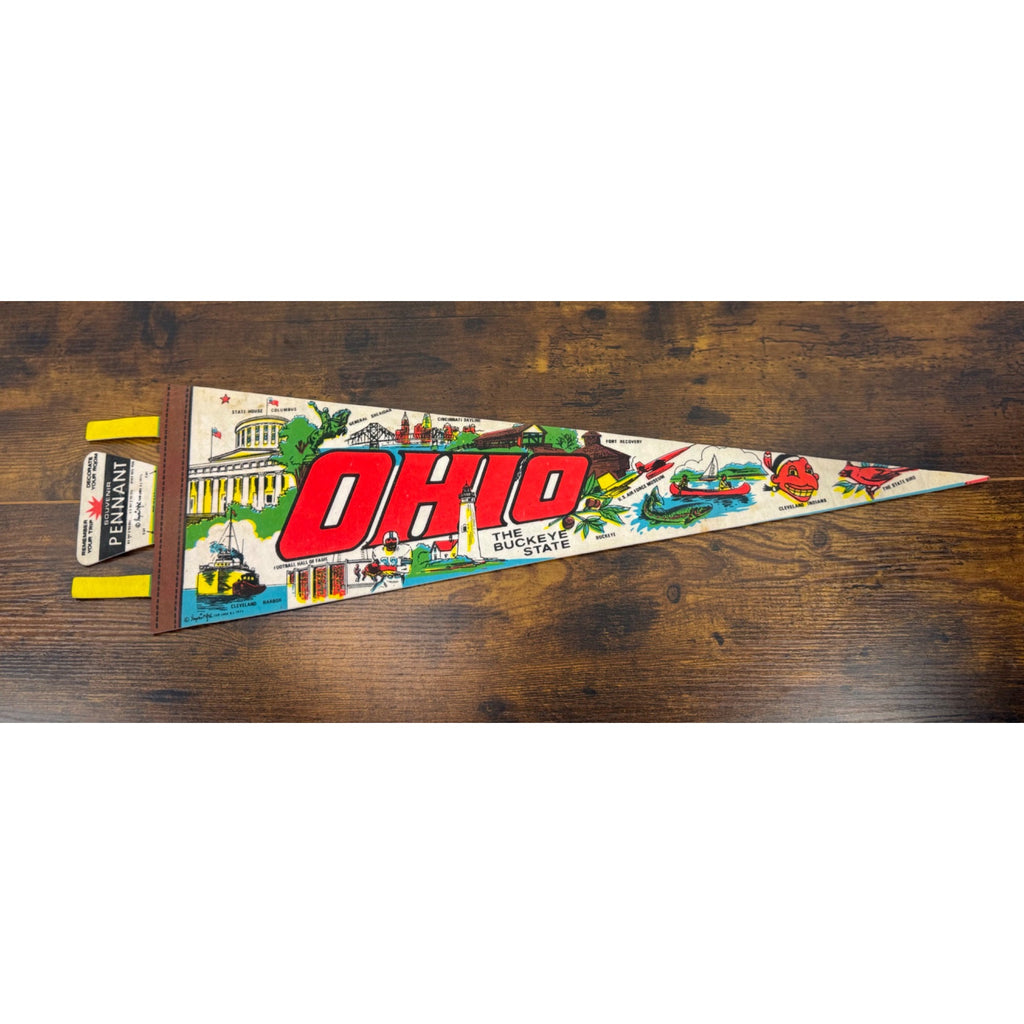 Ohio Vintage Souvenir Pennant Buckeye State Felt Flag With Illustrations