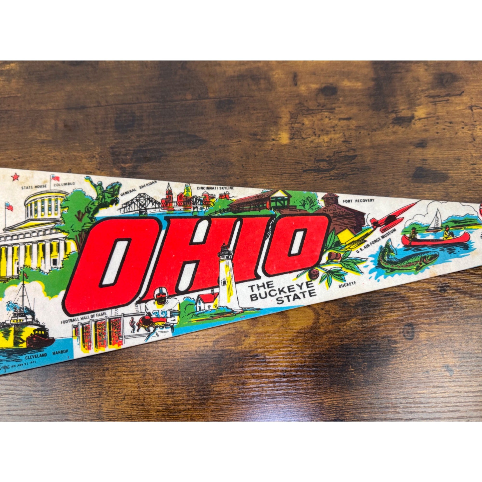 Ohio Vintage Souvenir Pennant Buckeye State Felt Flag With Illustrations
