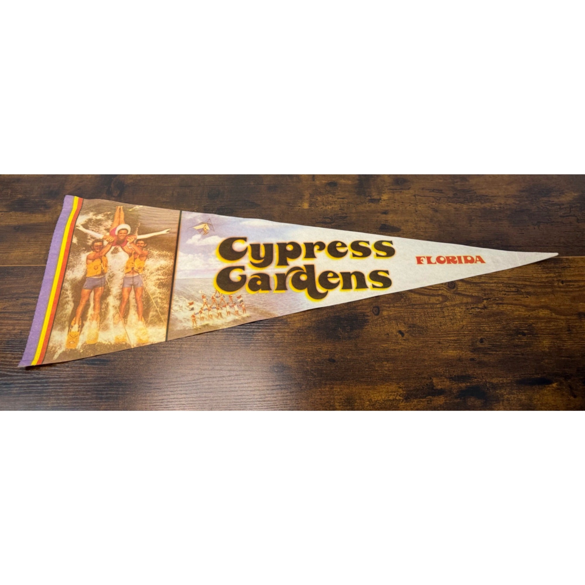 Vintage Cypress Gardens Florida Souvenir Pennant With Water Skiing Scene Felt