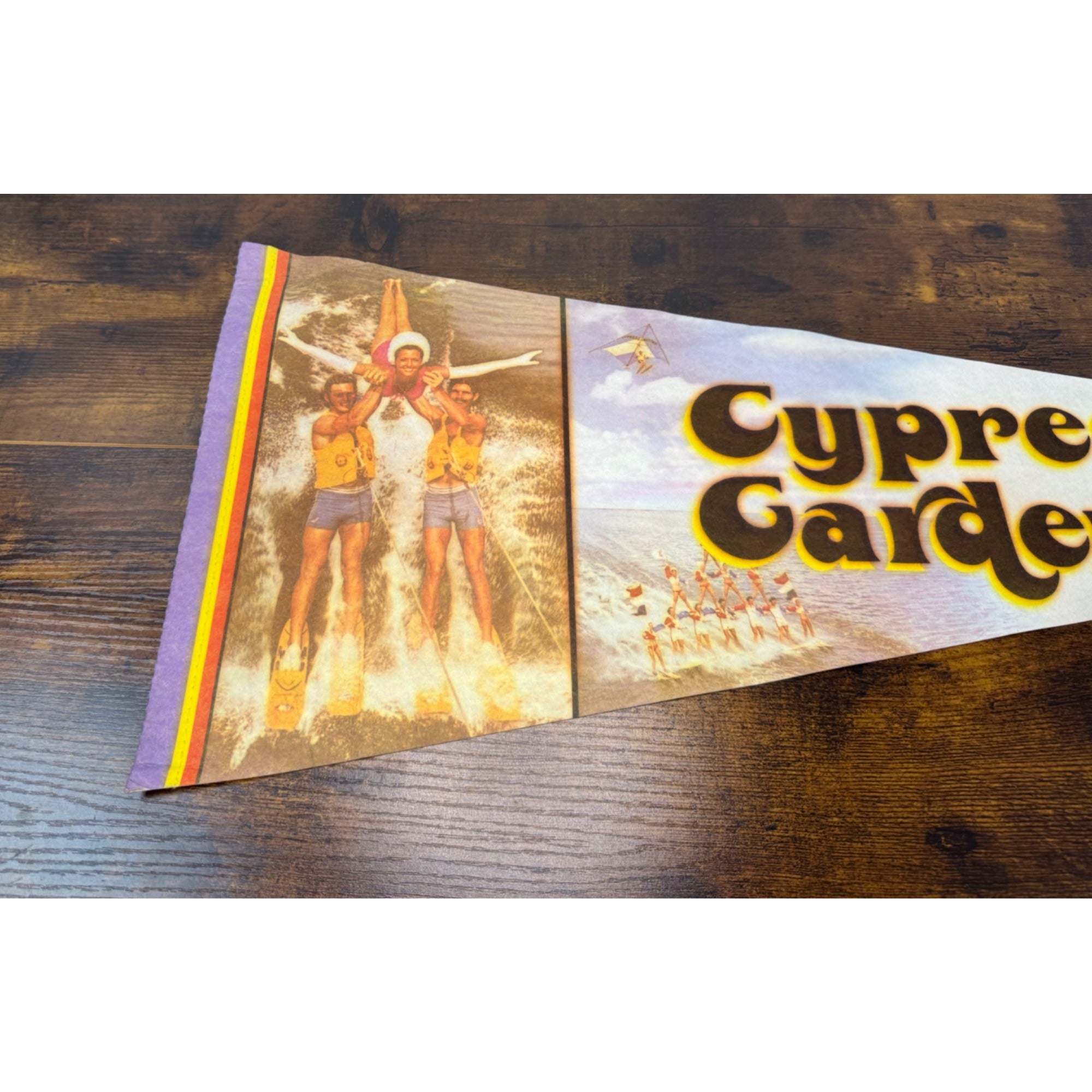 Vintage Cypress Gardens Florida Souvenir Pennant With Water Skiing Scene Felt