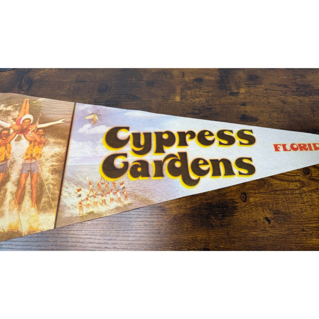Vintage Cypress Gardens Florida Souvenir Pennant With Water Skiing Scene Felt